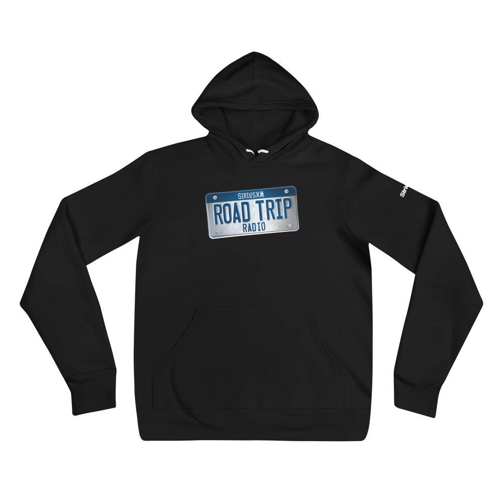 Black hoodie with a 'ROAD TRIP RADIO' license plate graphic in blue and white on the front.