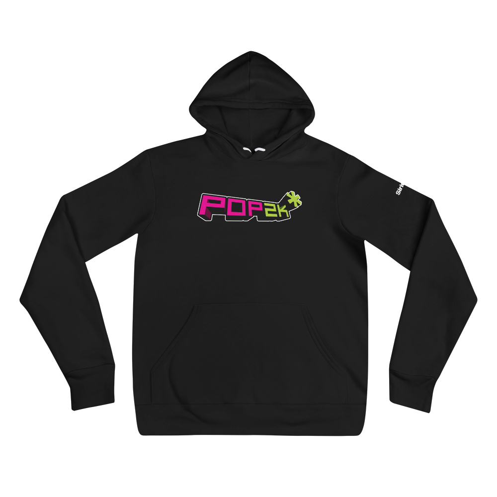 Black hoodie with colorful 'POP2k' logo on the front against black background.
