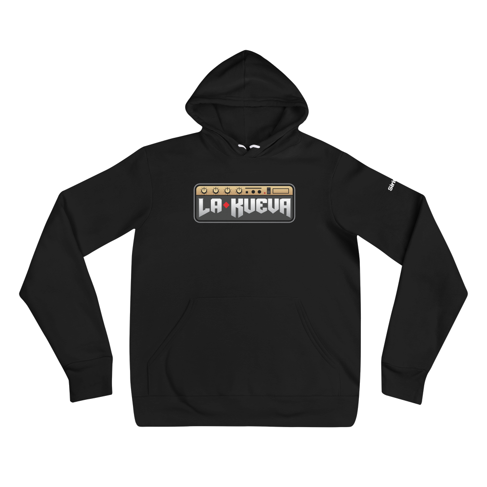 Black hoodie featuring 'LA KUEVA' logo with amplifier design on the front, on black background.