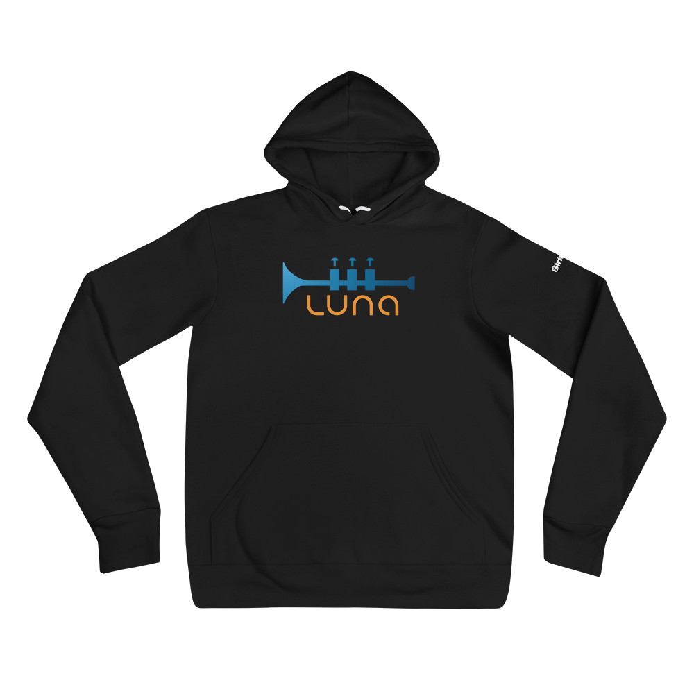 Black hoodie featuring a blue trumpet graphic and the word 'LUNA' in orange.