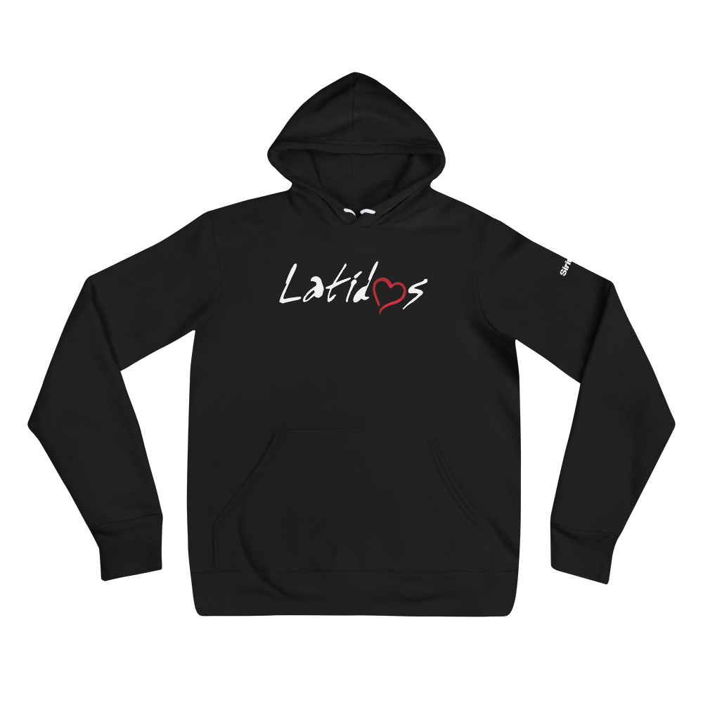 Black hoodie featuring the word 'Latidos' in white with a red heart.