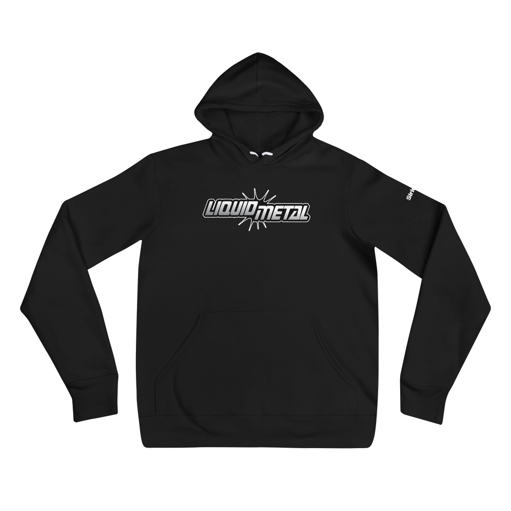 Black hoodie featuring the text 'LIQUID METAL' in a bold black, white and grey, stylized font.