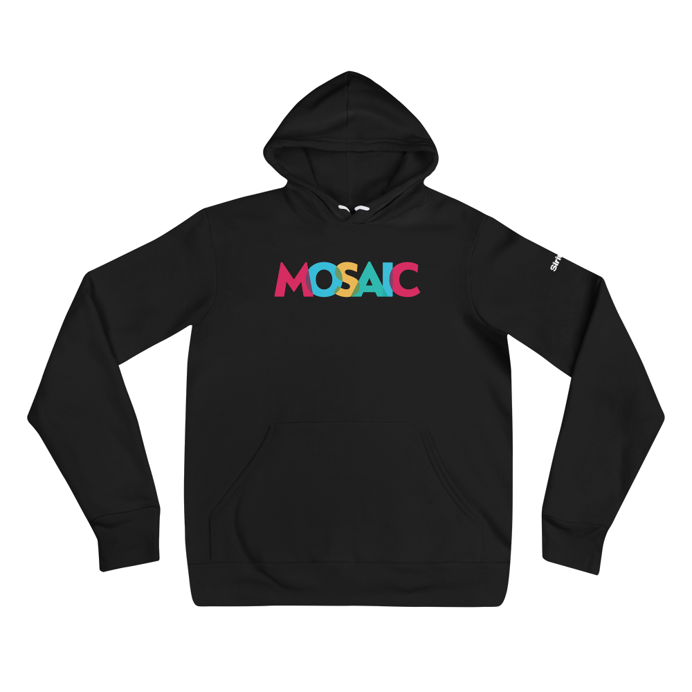 Black hoodie featuring colorful 'MOSAIC' text in cranberry, blue, yellow, and tourquise on the front.