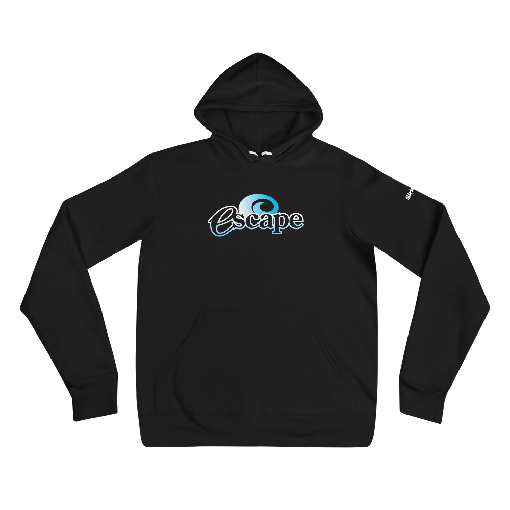 Black hoodie featuring 'Escape' logo in blue and white on the chest, with a kangaroo pocket and drawstring hood.