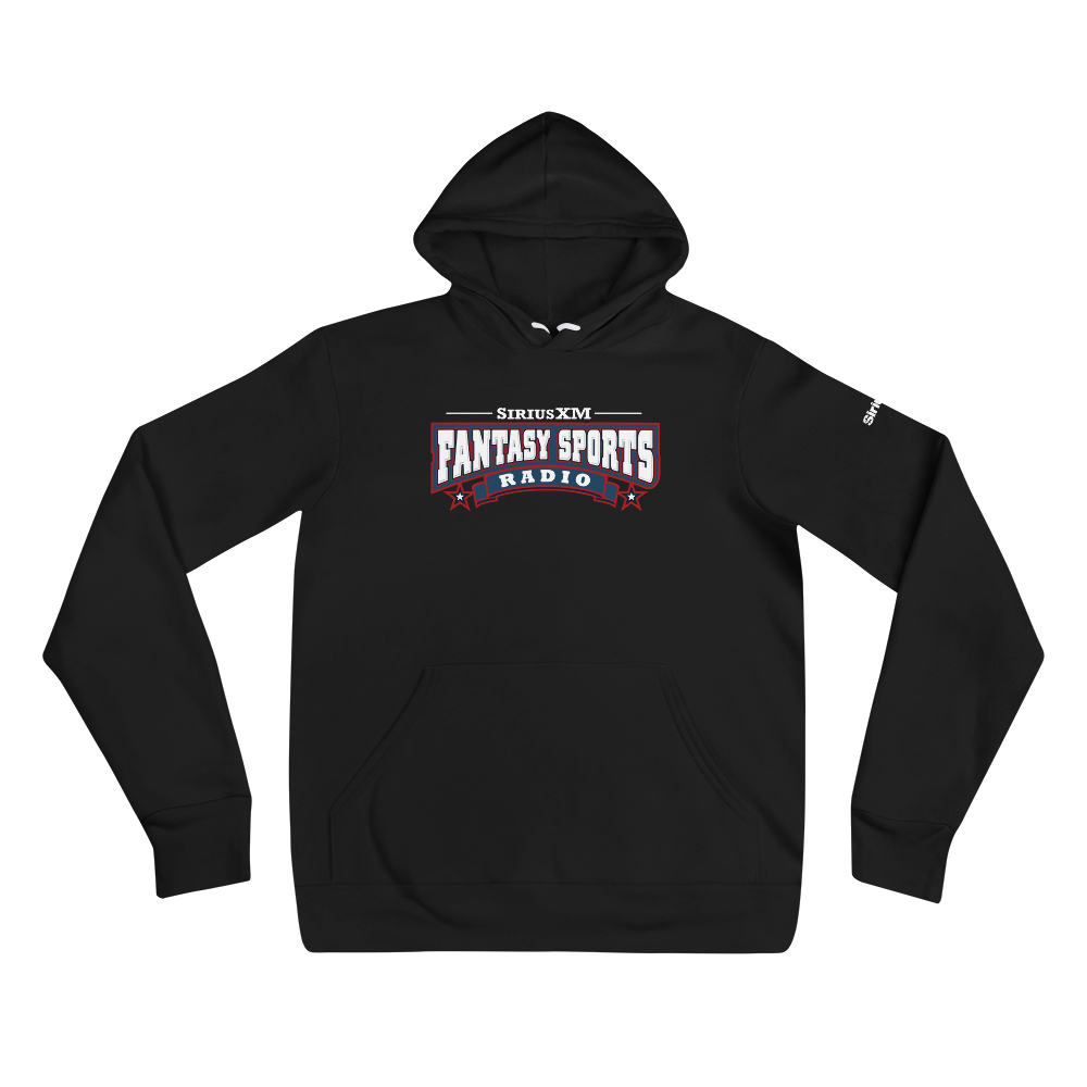 Black hoodie with 'SiriusXM Fantasy Sports Radio' logo in red, white and blue on the front, featuring a kangaroo pocket and drawstring hood, on black background.