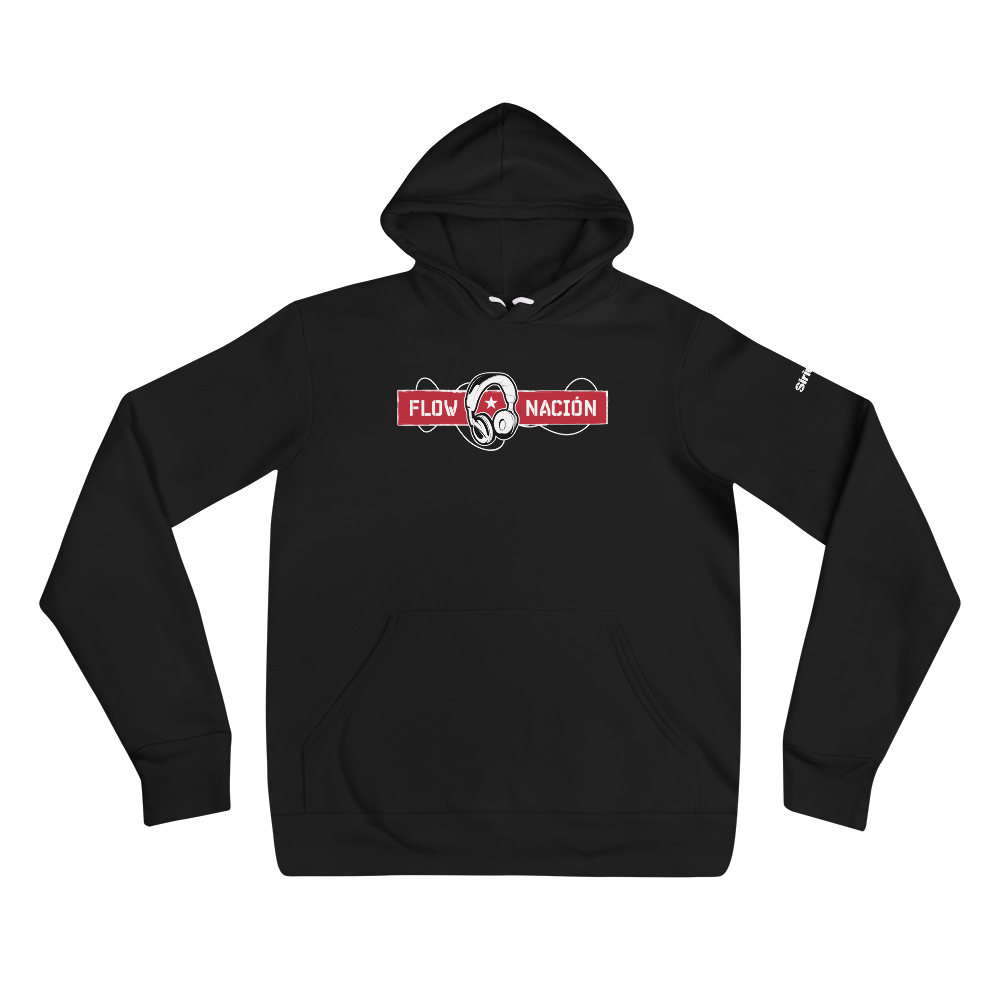 Black hoodie featuring 'Flow Nación' logo in red and white with headphones centered on the chest.