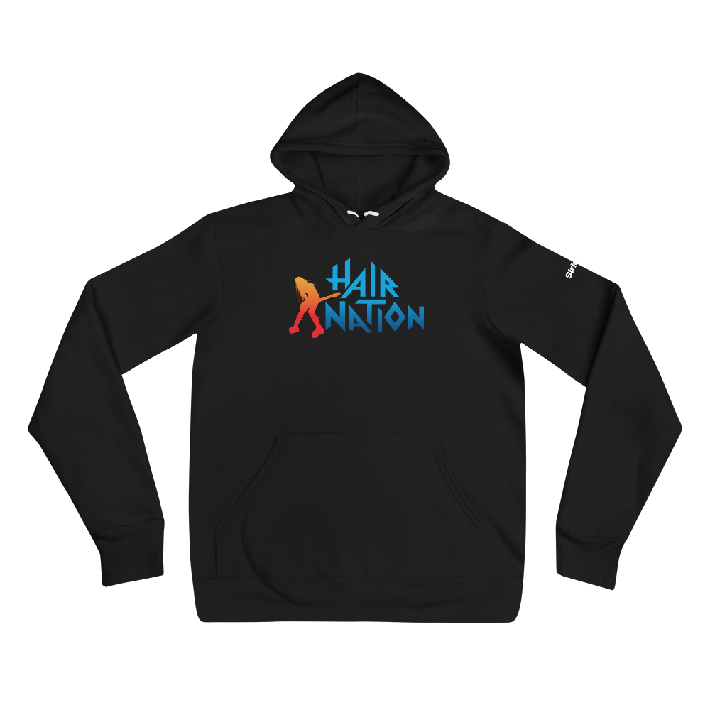 Graphic black hoodie featuring 'HAIR NATION' logo in blue and orange lettering.