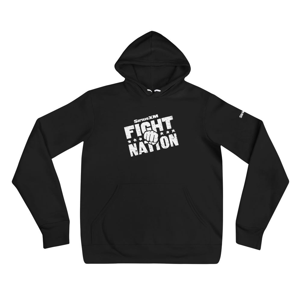 Black hoodie with 'SiriusXM FIGHT NATION' graphic and fist design in white on the front.