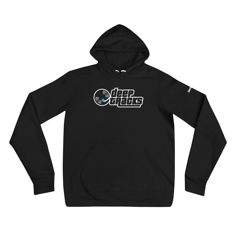 Black hoodie featuring 'deep tracks' logo with a vinyl record graphic with a blue starburst, on black background.
