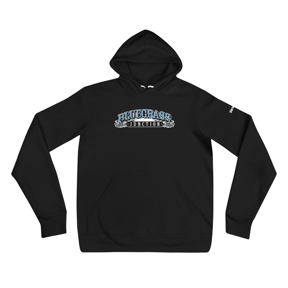 Black hoodie featuring the text 'BLUEGRASS JUNCTION' in a decorative font.