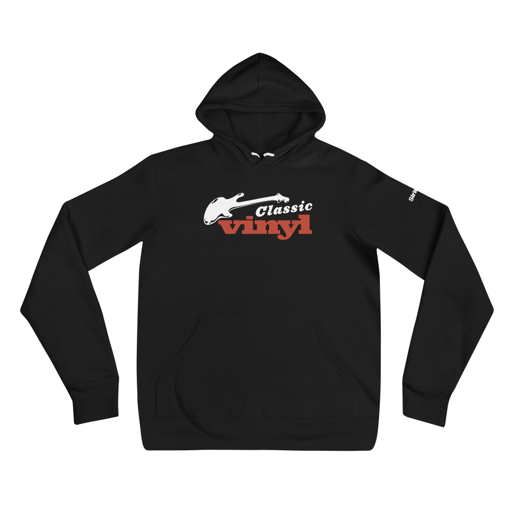 Black hoodie featuring a white guitar graphic and 'Classic Vinyl' text in white and red.