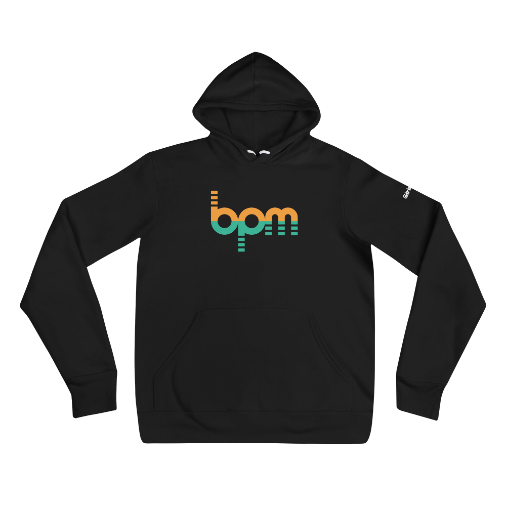 Black hoodie featuring the 'bpm' logo in orange and gree colors on the front.