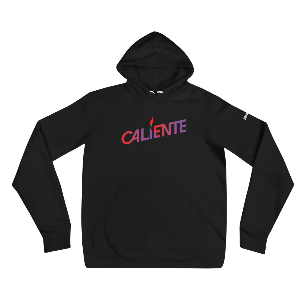 Black hoodie featuring the word 'CALIENTE'  in vibrant red to purple gradient letters.