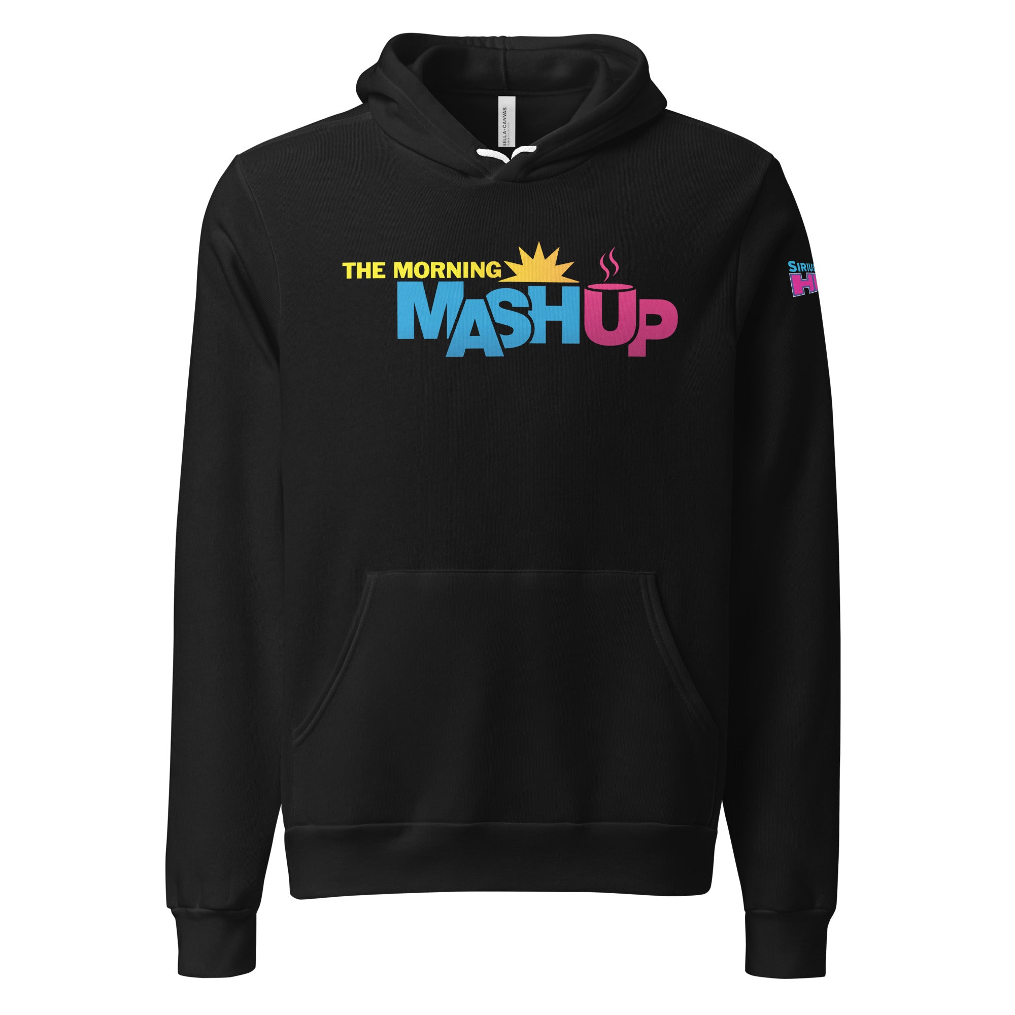 Black hoodie featuring 'THE MORNING MASHUP' text in vibrant yellow, blue and pink colors, with a graphic of a sun and steaming coffee cup graphic on the front.