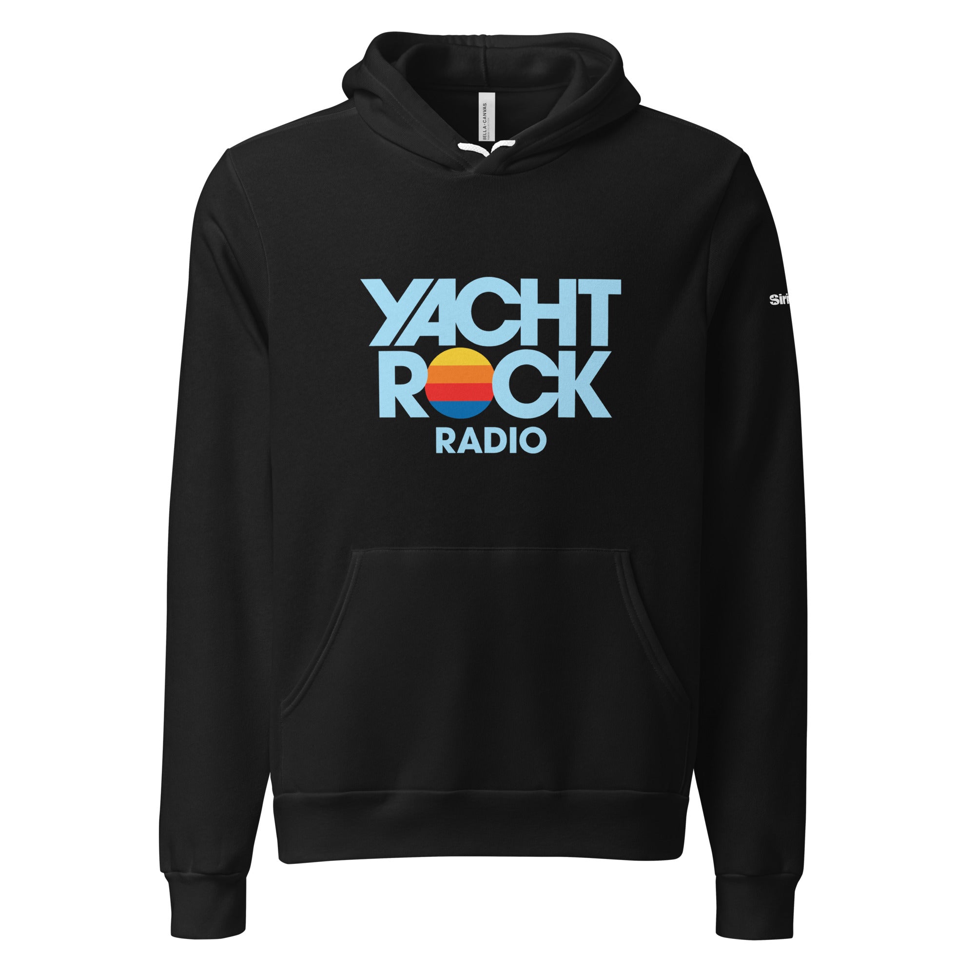 Black hoodie with 'Yacht Rock Radio' text on a white background