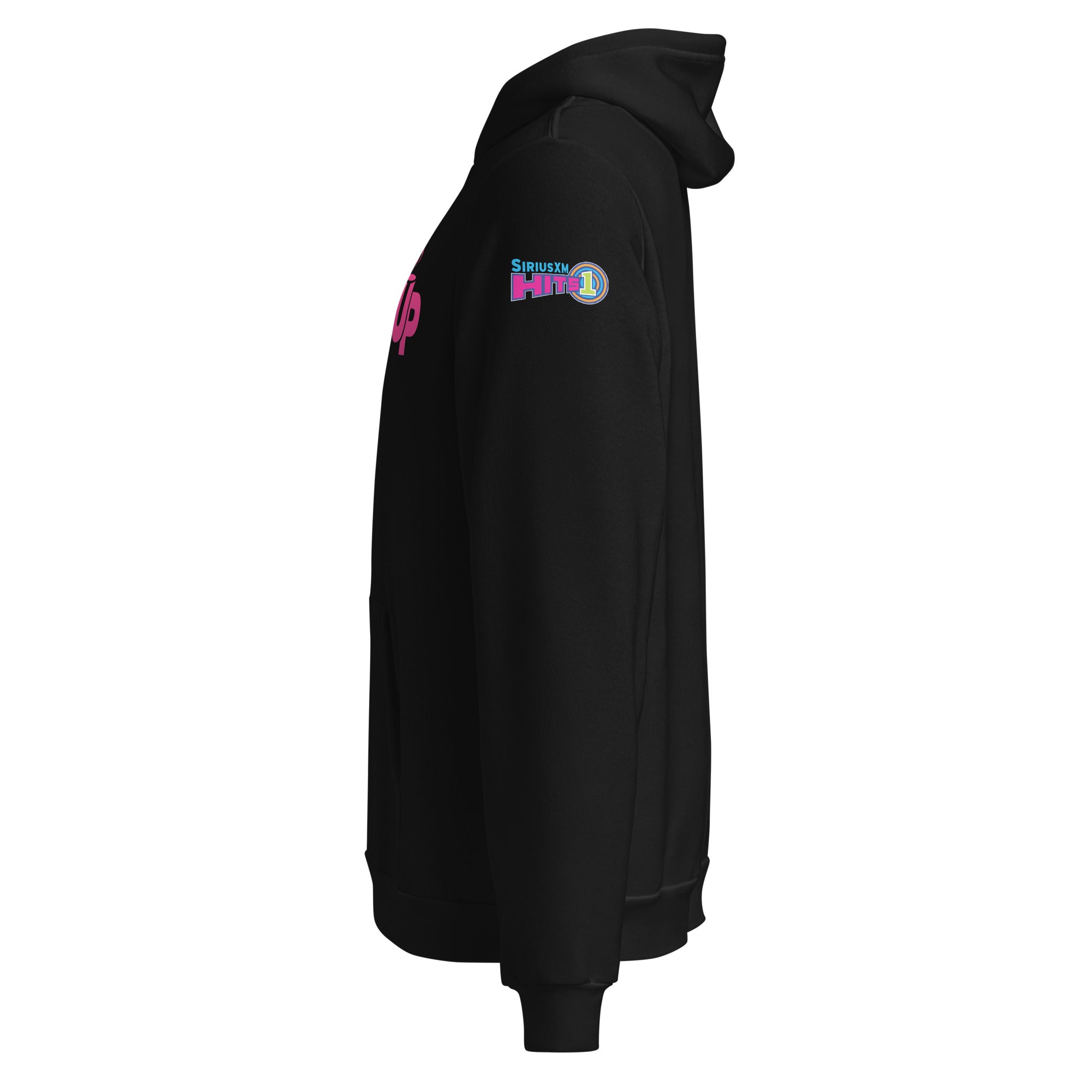 Black hoodie viewed from the side with a logo on the left shoulder that reads 'SiriusXM HIT 1.'