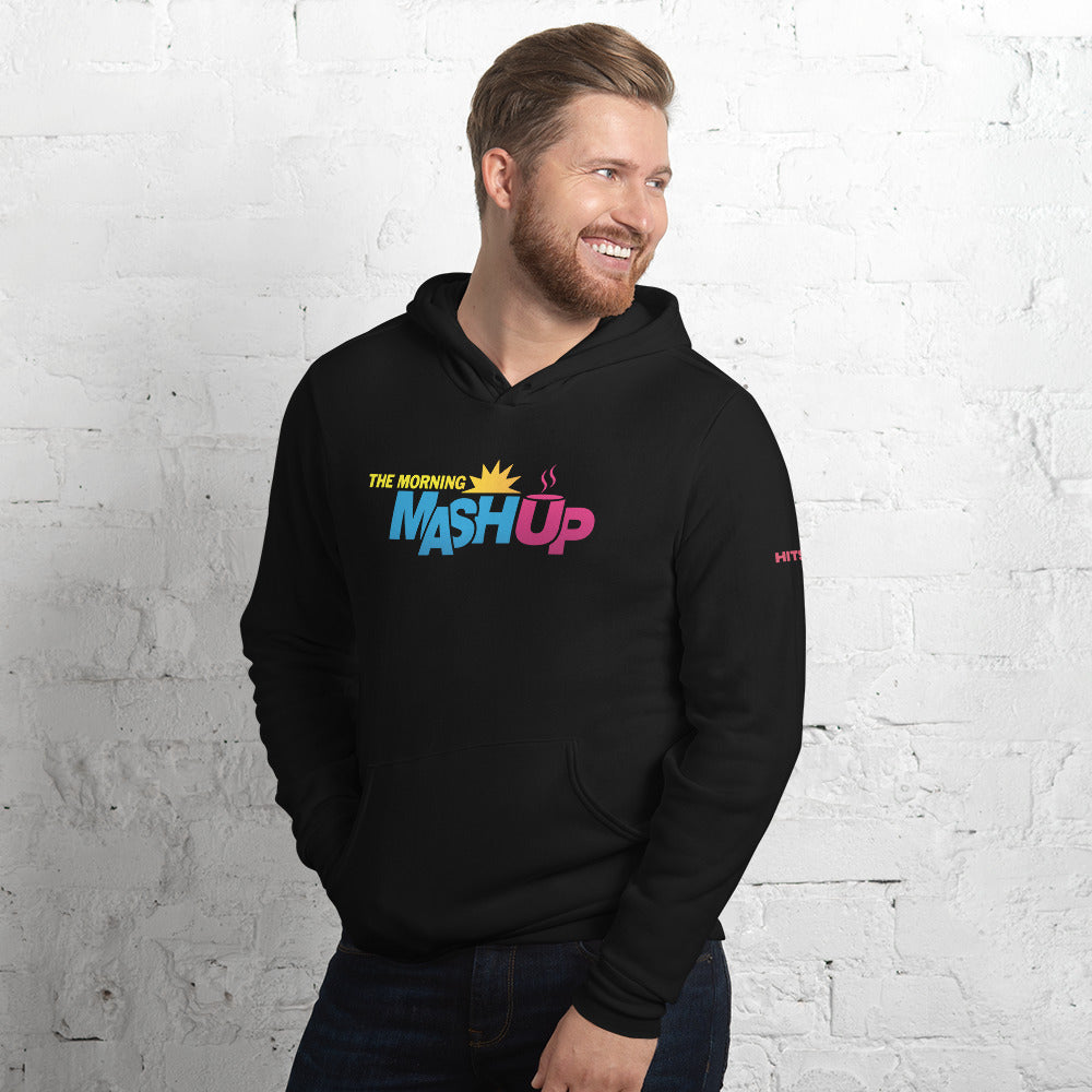 Man wearing a black hoodie with 'Morning Mash Up' logo on front and 'Hits 1' logo on sleeve.