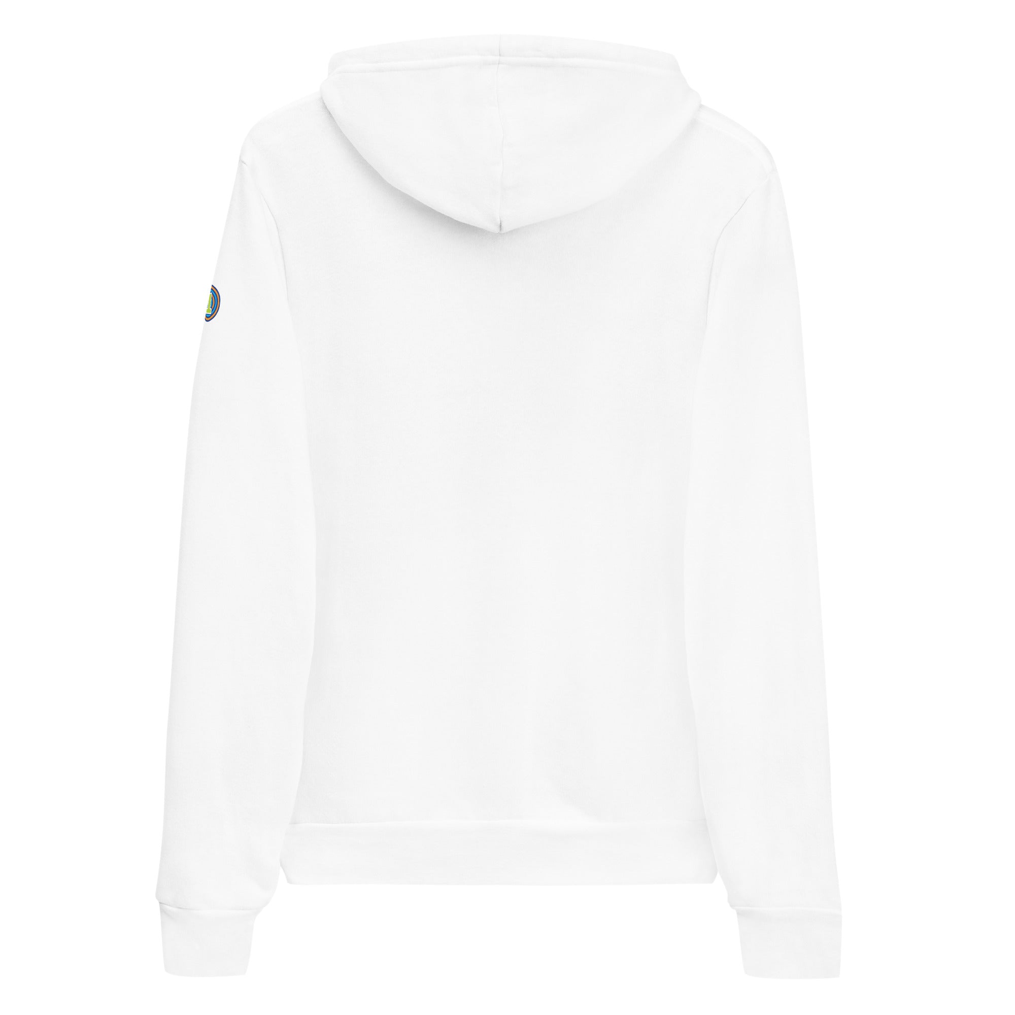 A white hoodie with a hood and a logo on the left sleeve, viewed from the back.