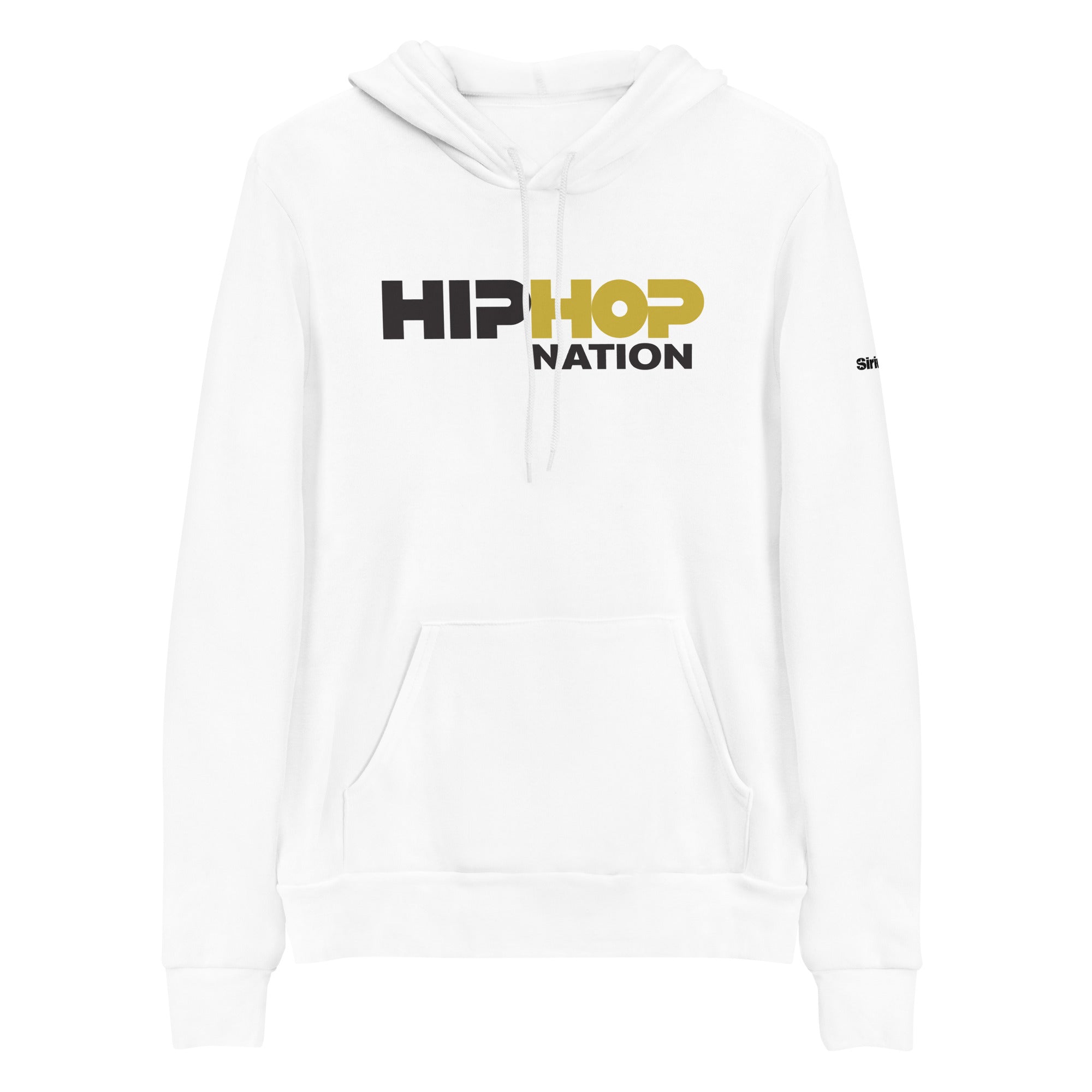 White hoodie featuring 'HIP HOP NATION' in bold black and gold lettering.