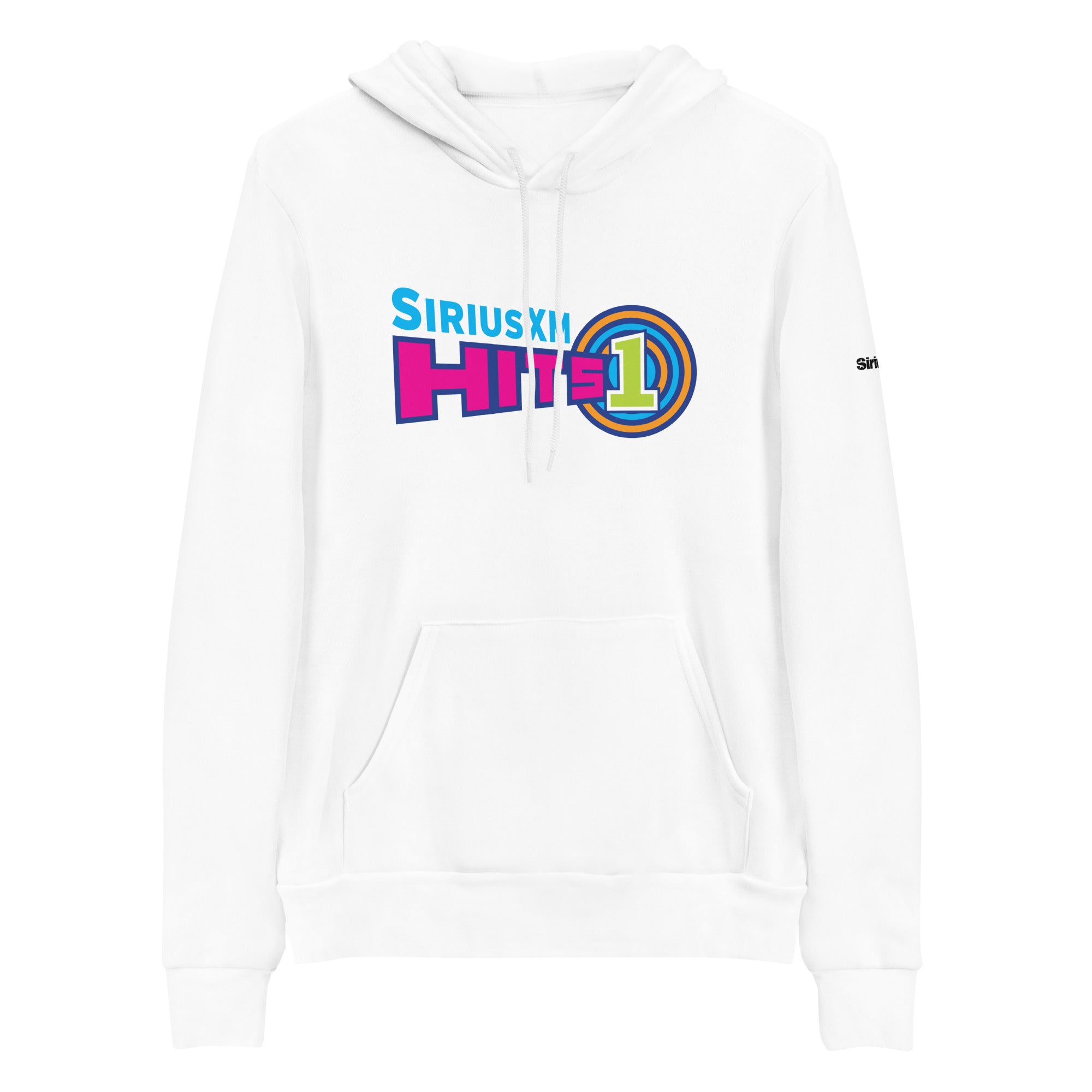 White hoodie featuring colorful 'Sirius XM Hits 1' logo in pink, purple, orange and vivid green on the front.