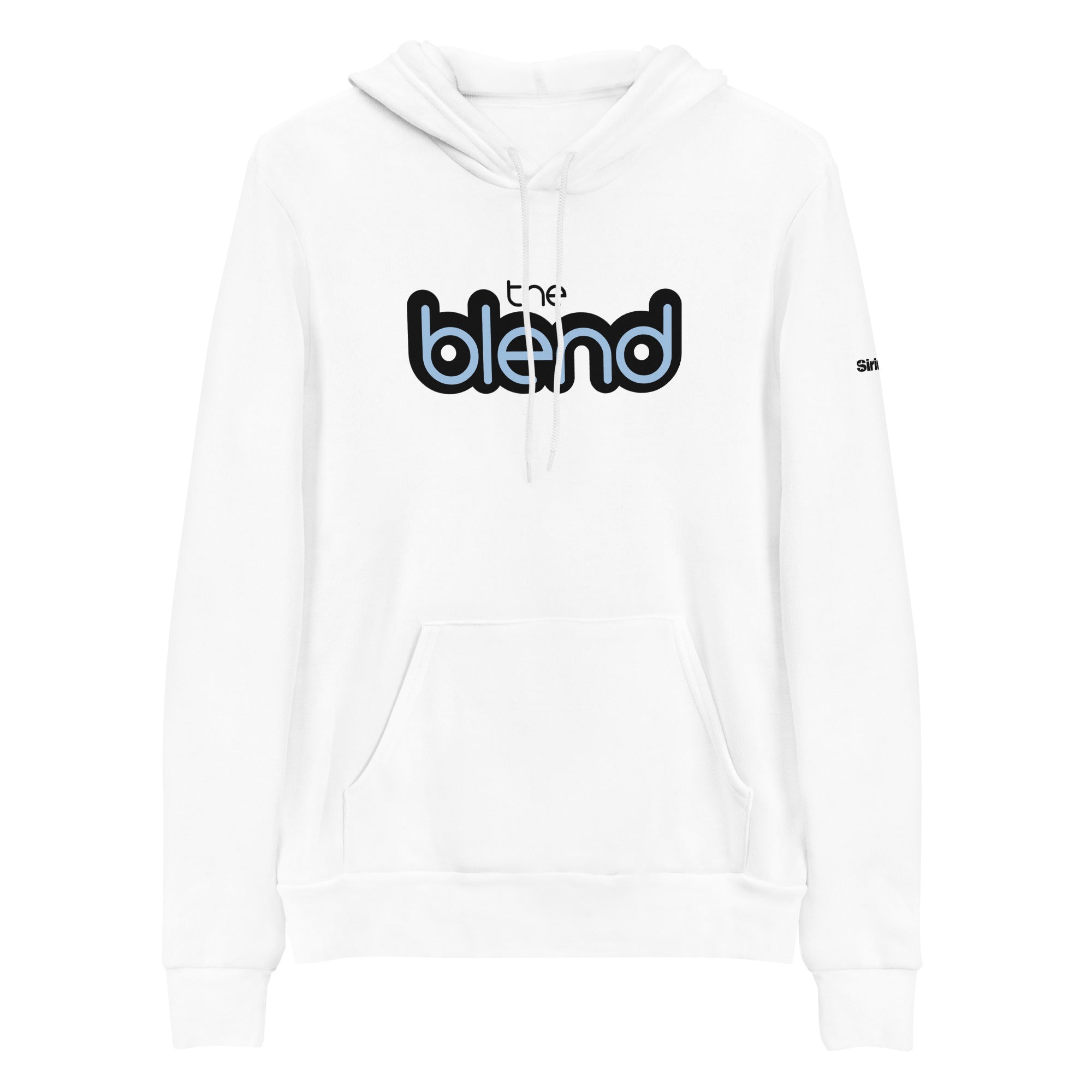 White hoodie with 'the blend' logo in black and light blue. Front kangaroo pocket and drawstring hood.