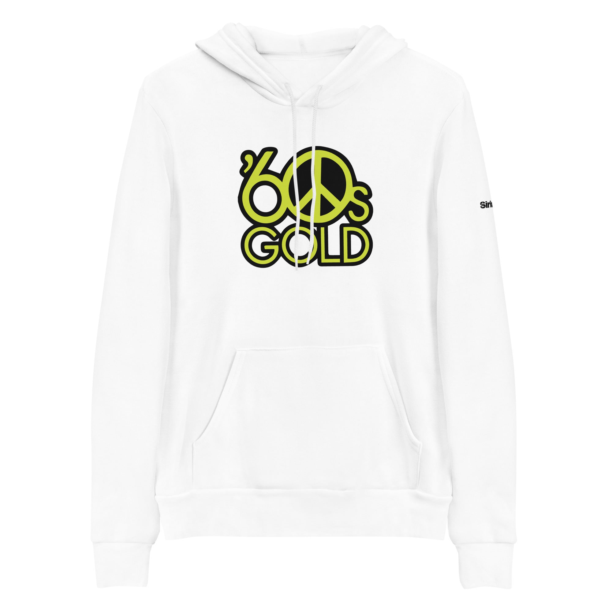 unisex white pullover hoodie white featuring a retro '60s Gold' logo with a peace sign in bright yellow and black.