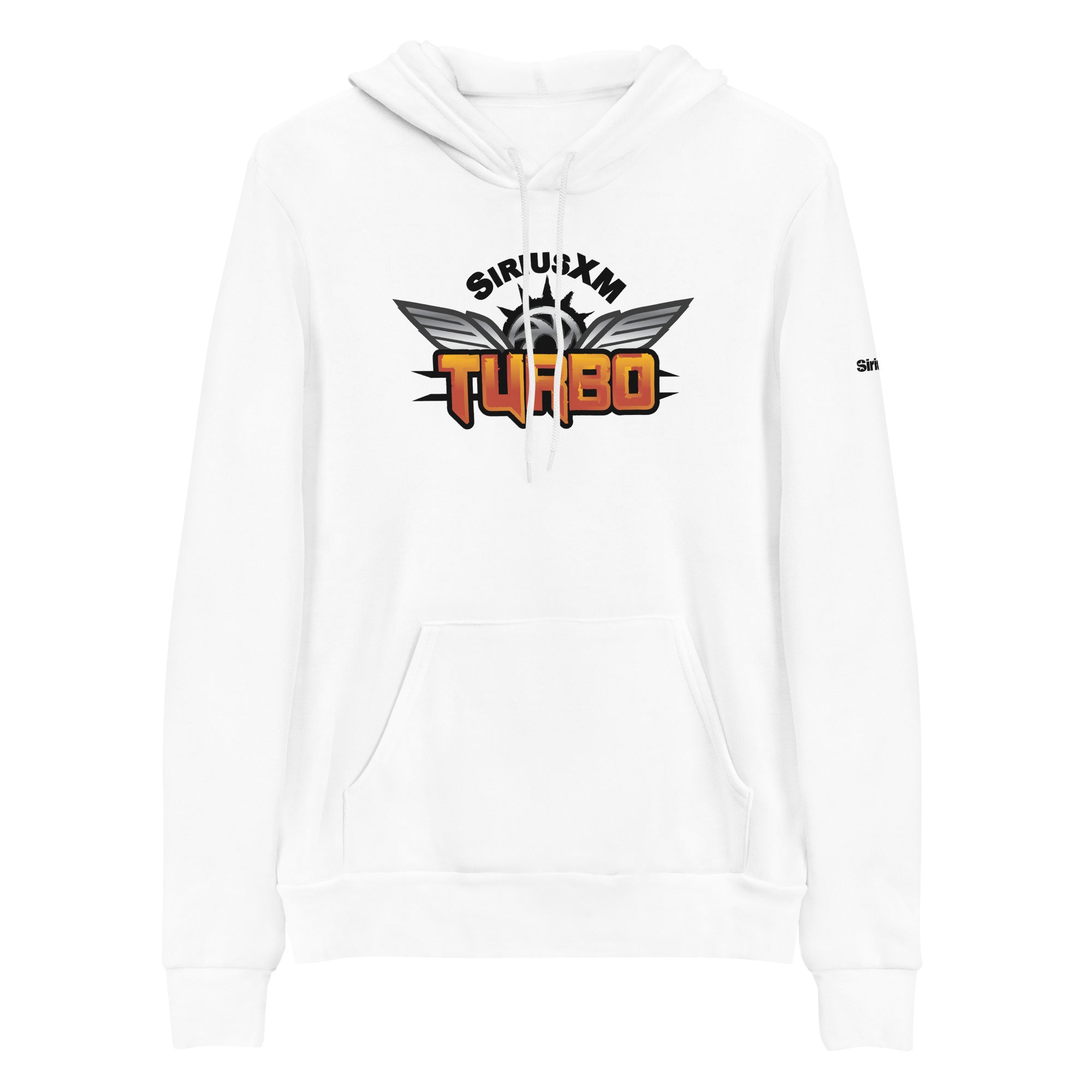 White hoodie featuring the 'SiriusXM Turbo' logo with wings and bold lettering.