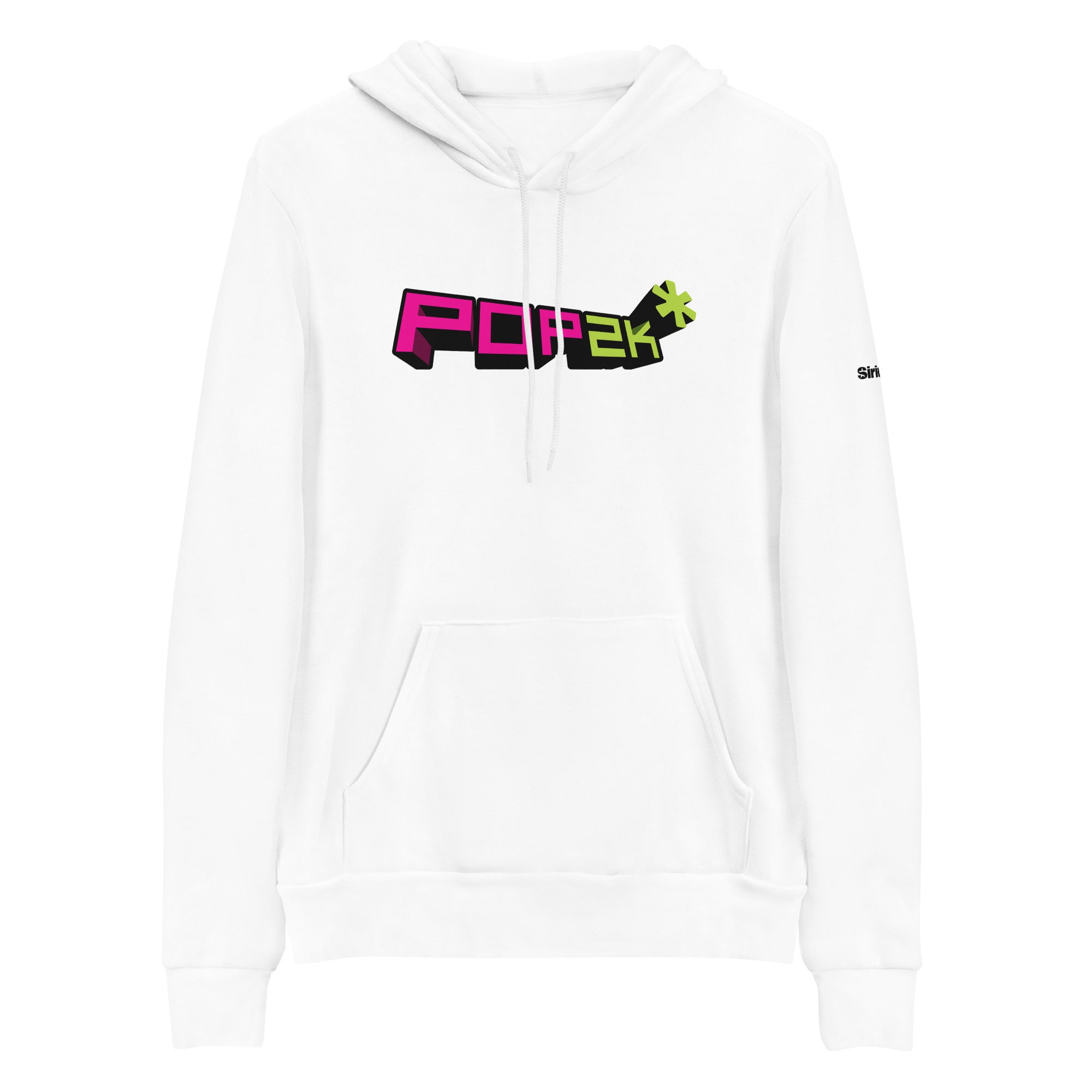 White hoodie with a colorful 'POP2k*' graphic design in pink and green on the front.