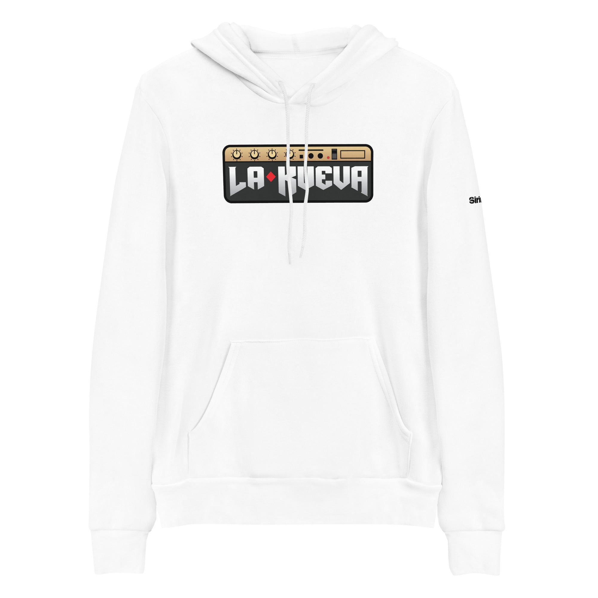 White hoodie featuring 'LA KUEVA' graphic and an amplifier design on the front.