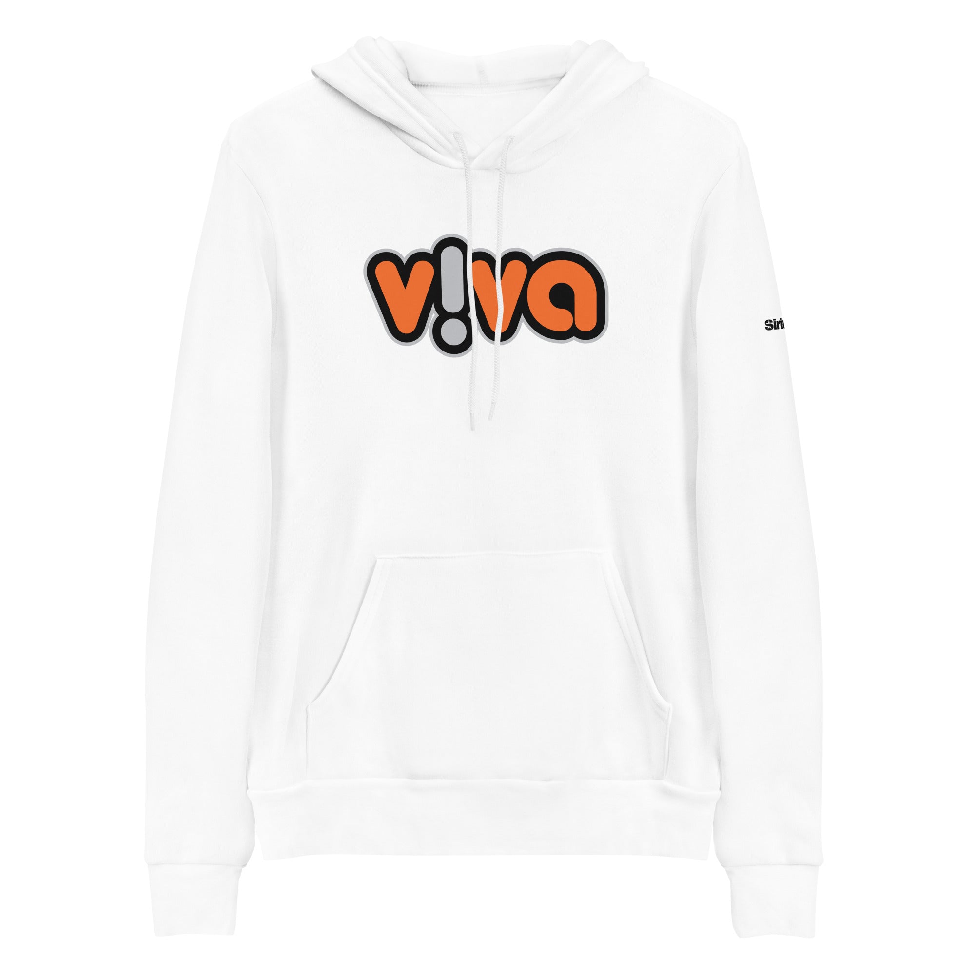 White hoodie featuring 'v!va' logo in black, orange, and grey on the front.