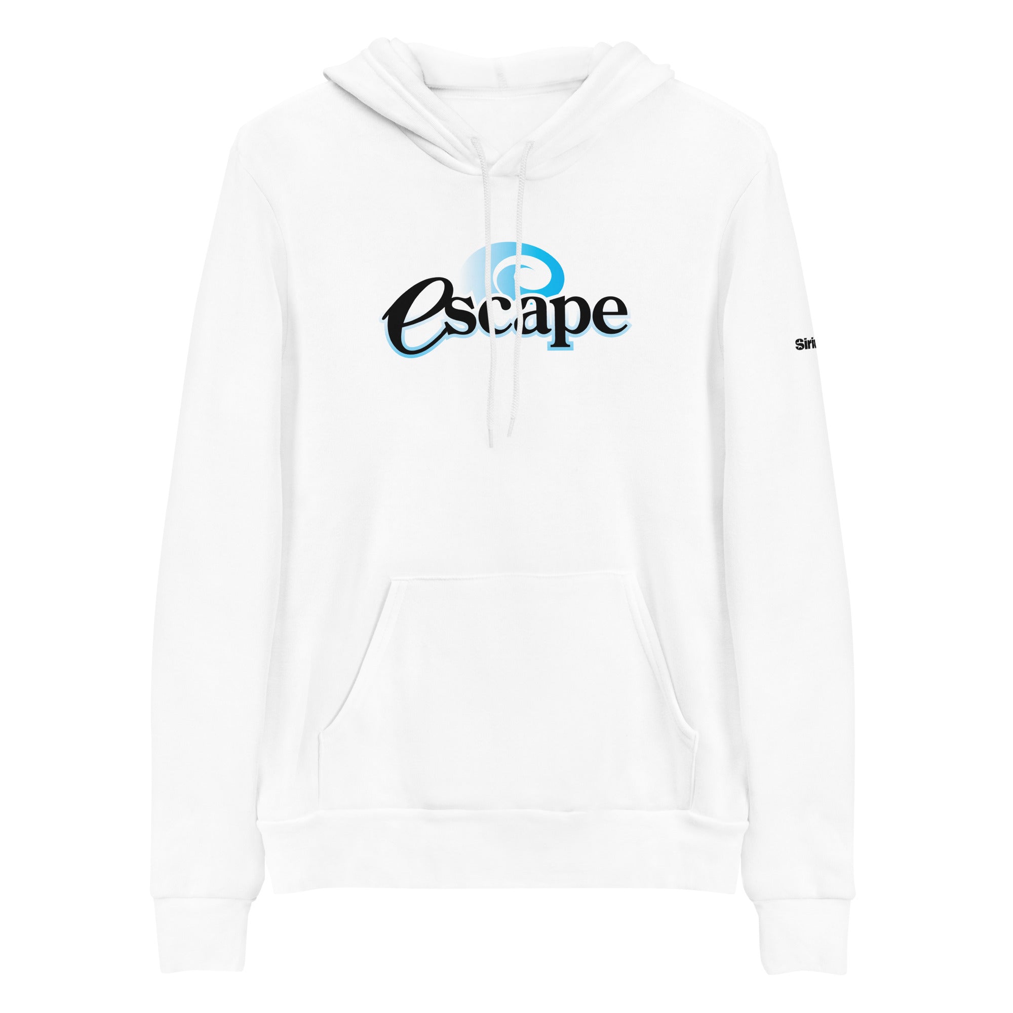 White sweatshirt with 'Escape' logo in black and blue on the front.