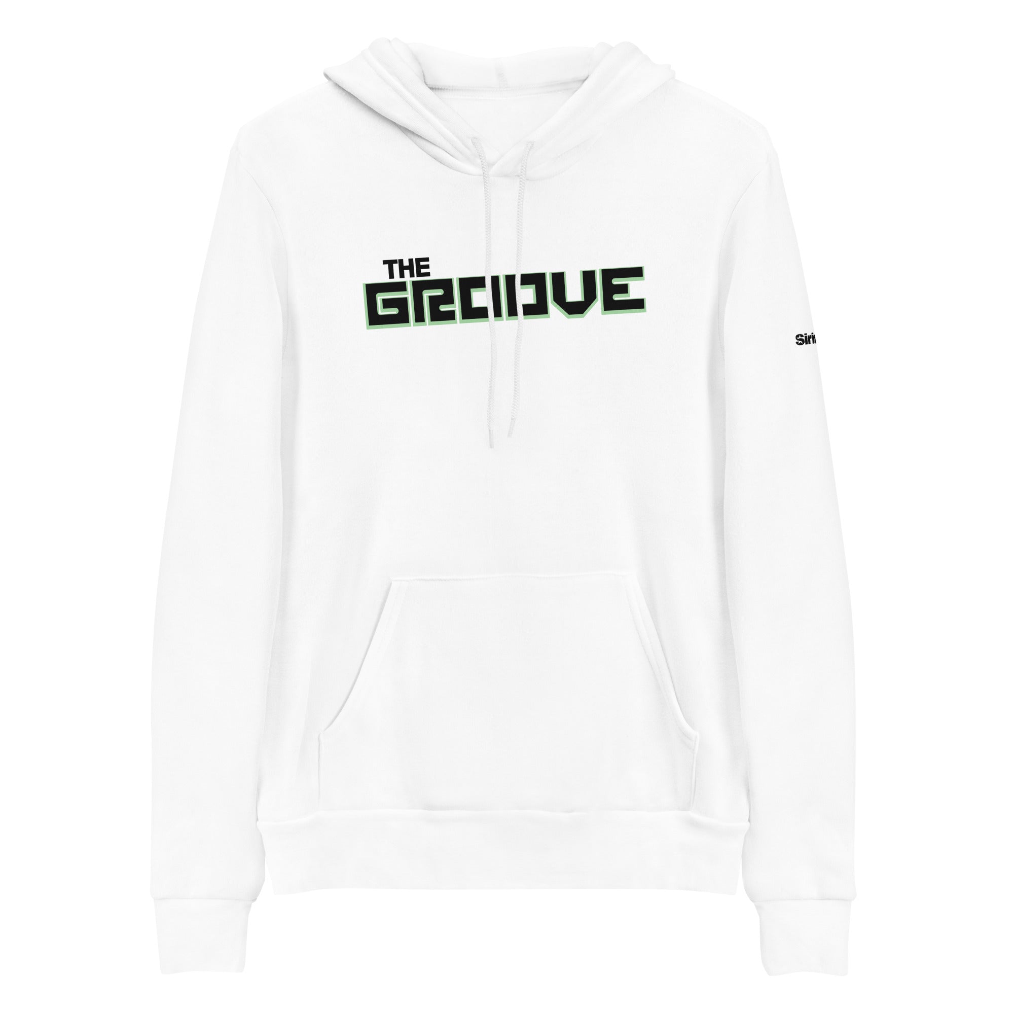 White hoodie featuring 'THE GROOVE' in black and green text on the front.