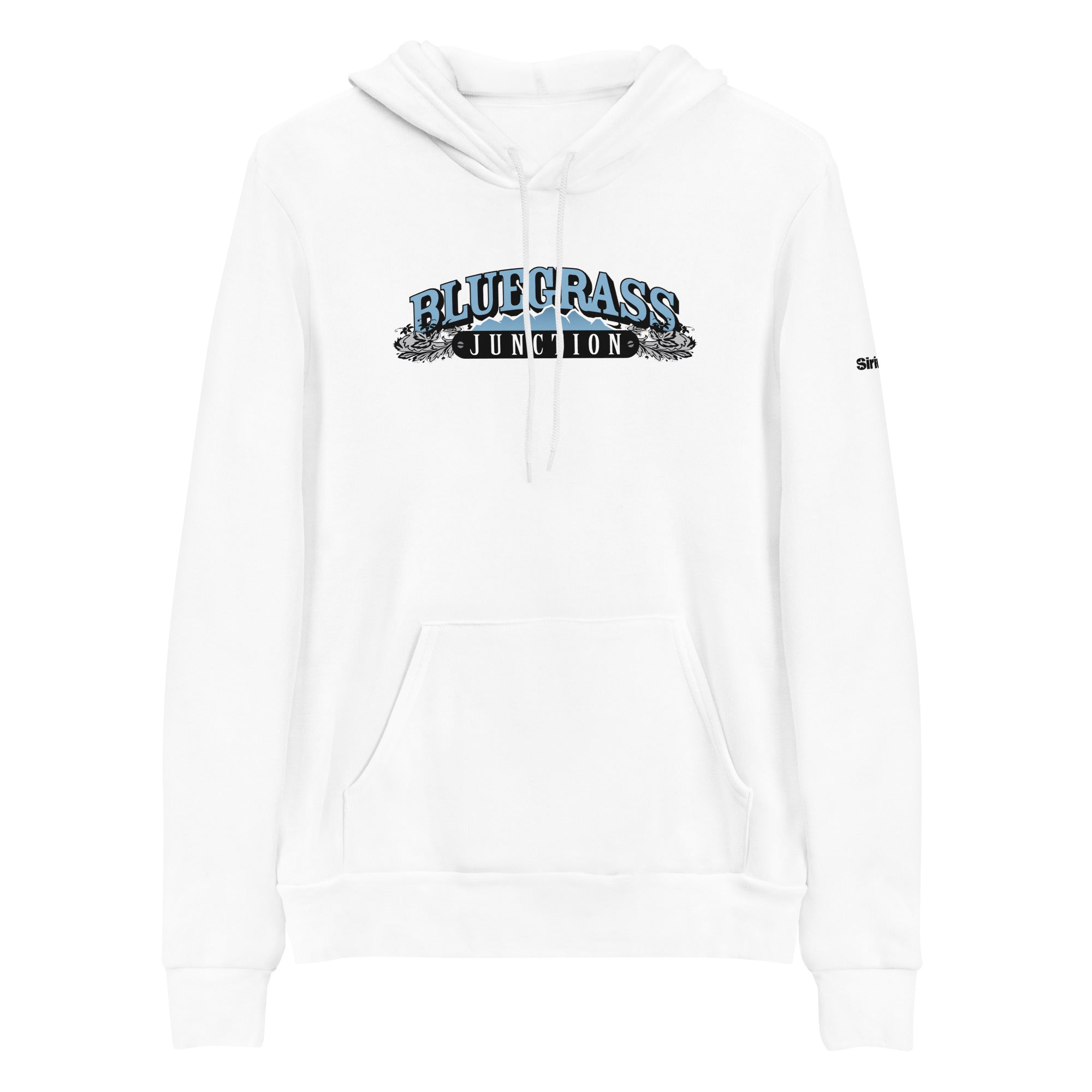 White hoodie featuring 'Bluegrass Junction' graphic design on the front.