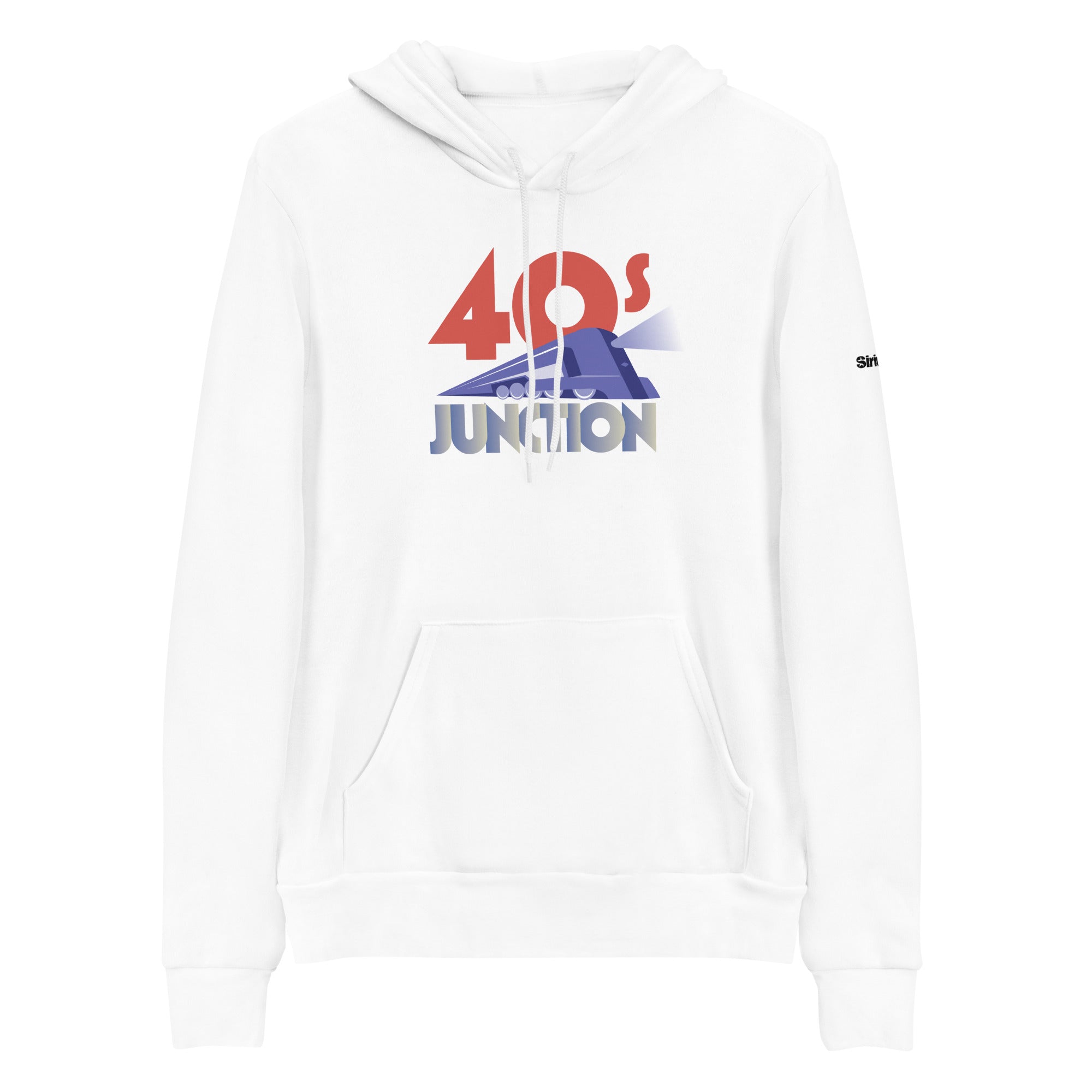 White hoodie featuring a graphic design with '40s Junction' and a stylized train.