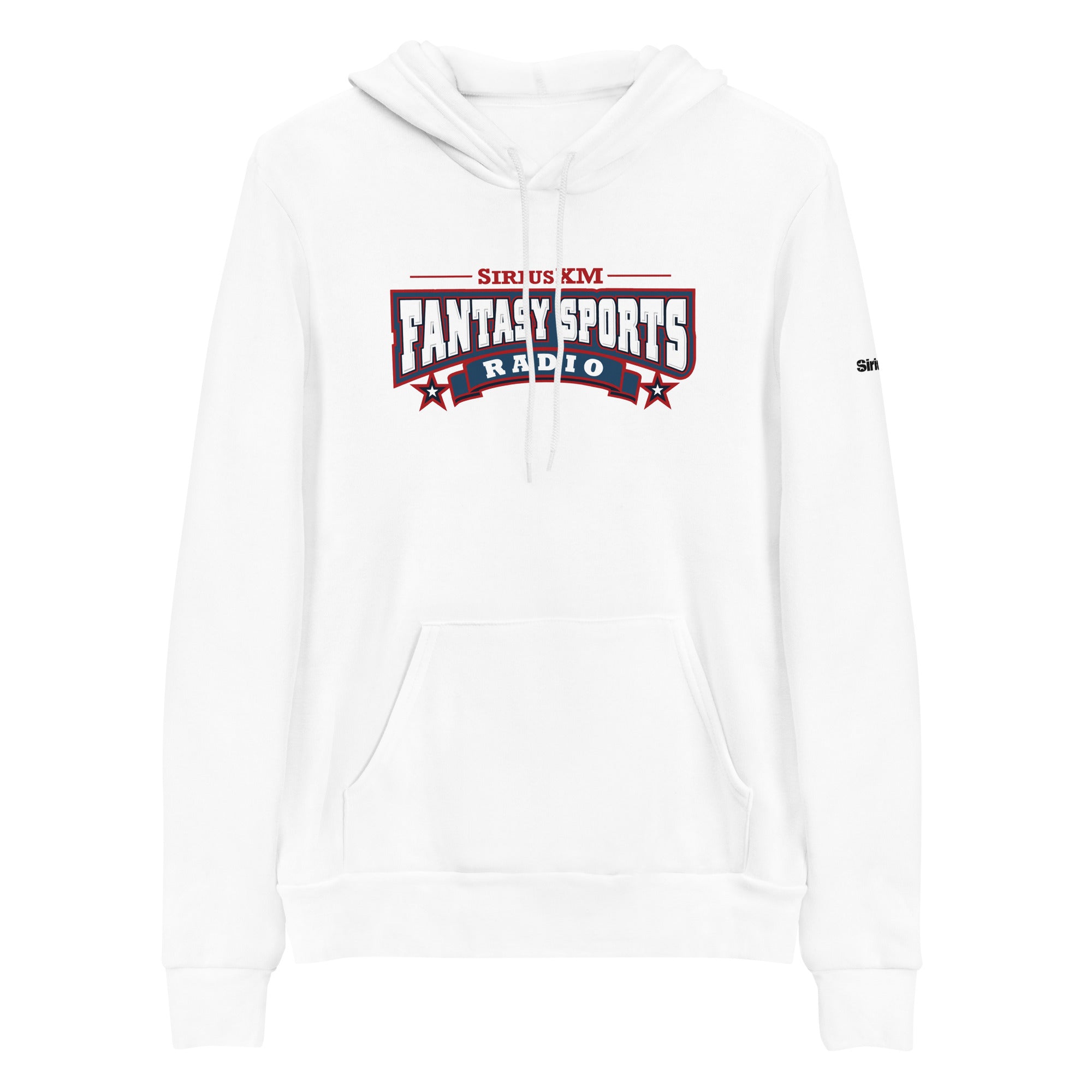 White hoodie featuring 'Sirius XM Fantasy Sports Radio' logo in red, white and blue on the front.