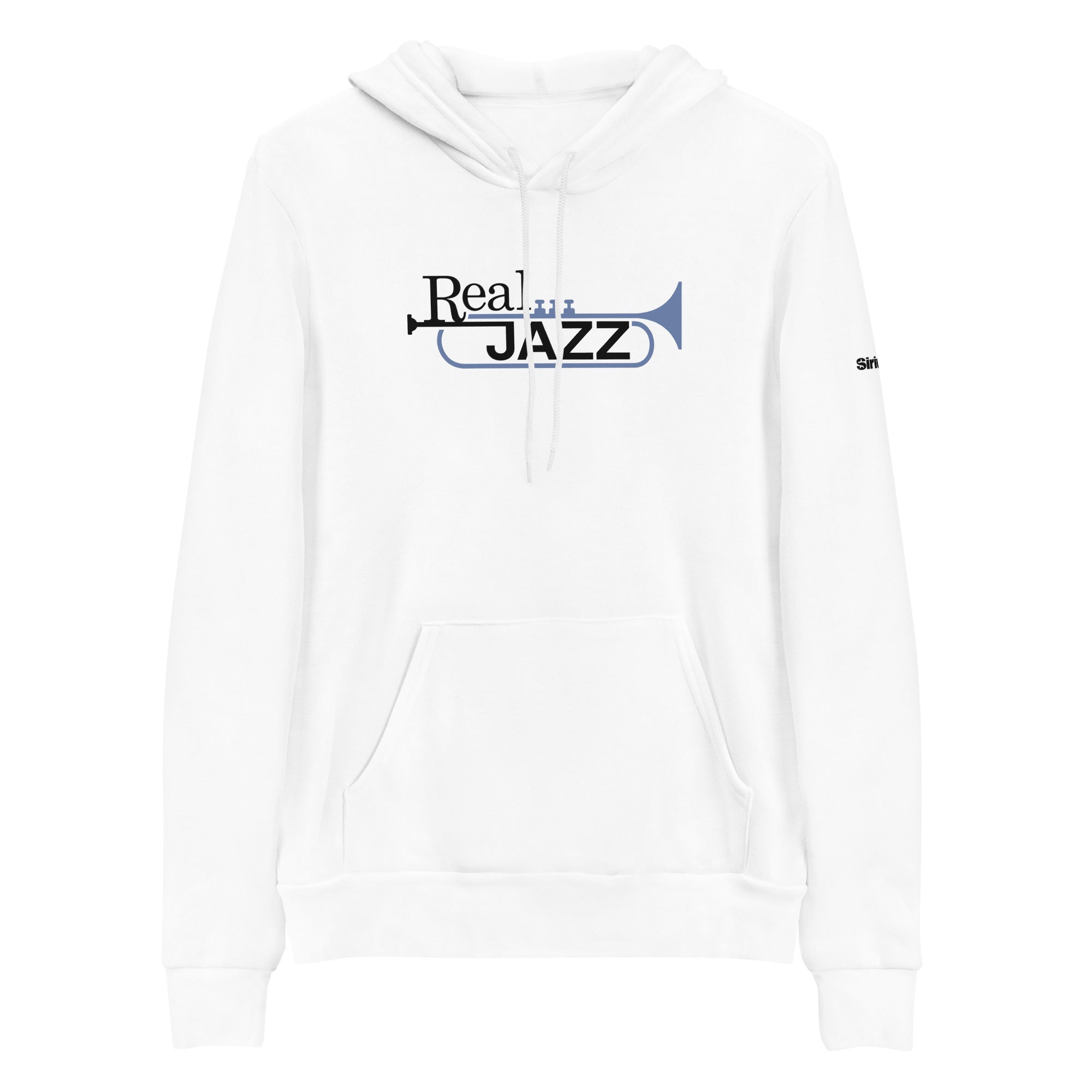 White hoodie featuring 'Real Jazz' text in black and light blue and trumpet graphic.