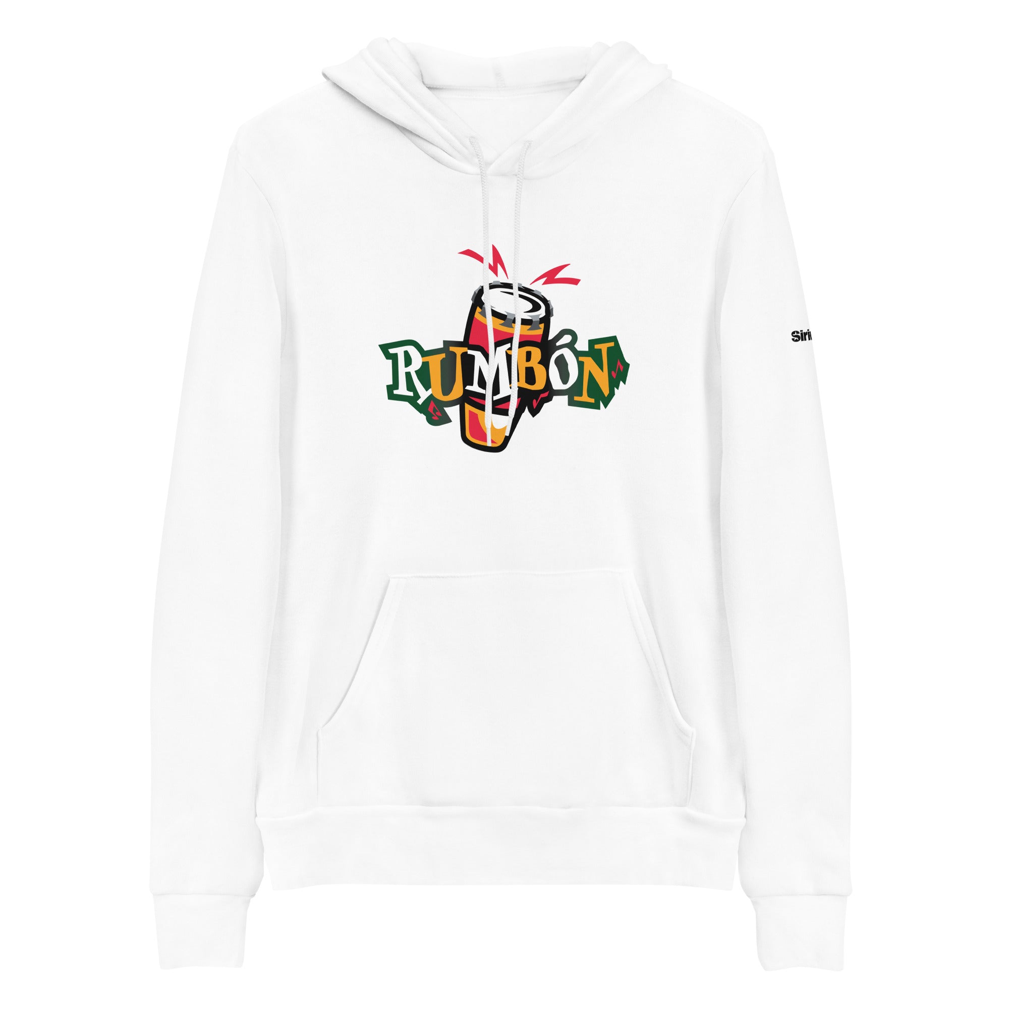 White hoodie featuring a colorful 'RUMBÓN' graphic with a drum design.