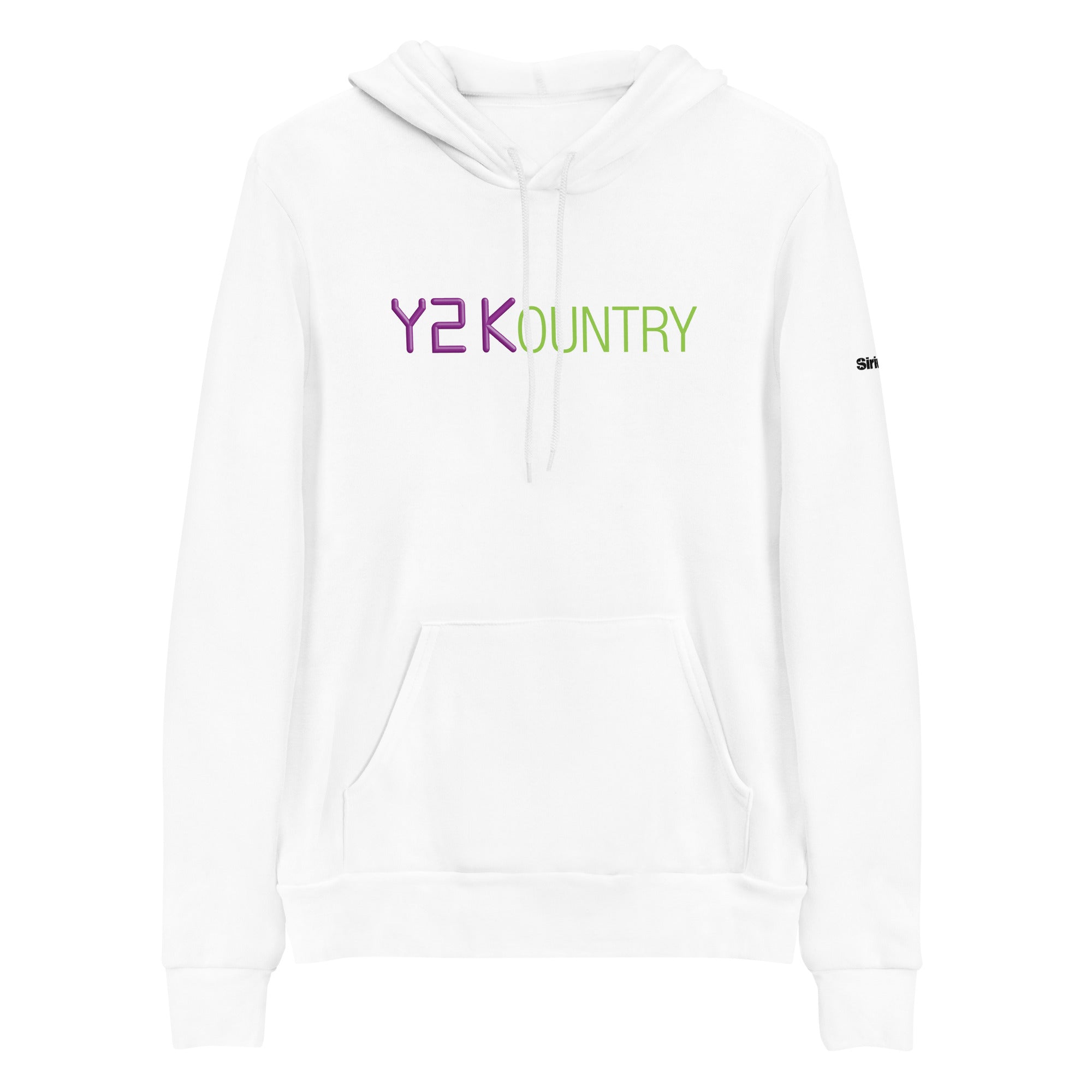 White hoodie featuring 'Y2KOUNTRY' in vivid purple and green text.