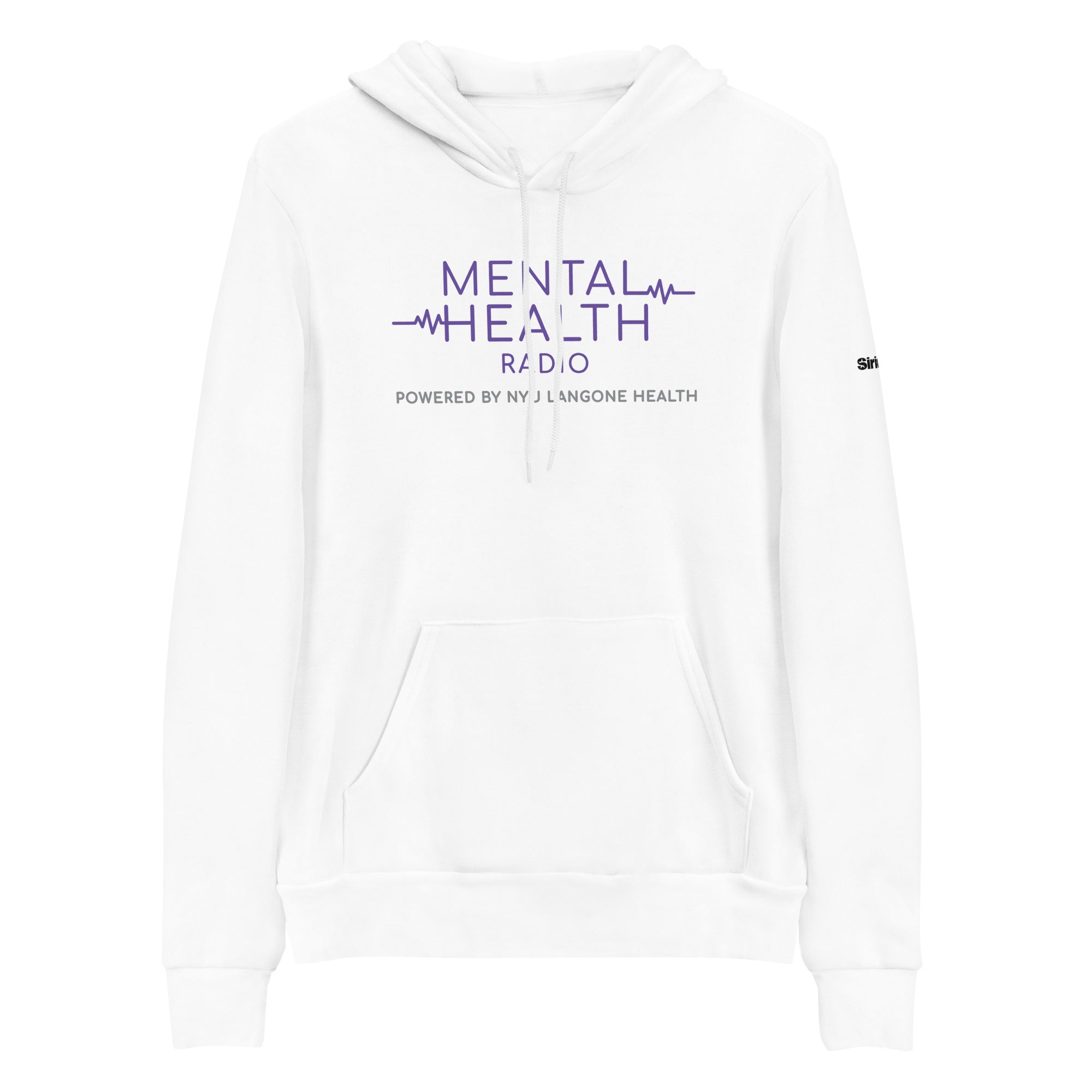 White hoodie with 'MENTAL HEALTH RADIO' text in light purple and black, 'powered by NY J Langone Health,' and a logo on the sleeve.