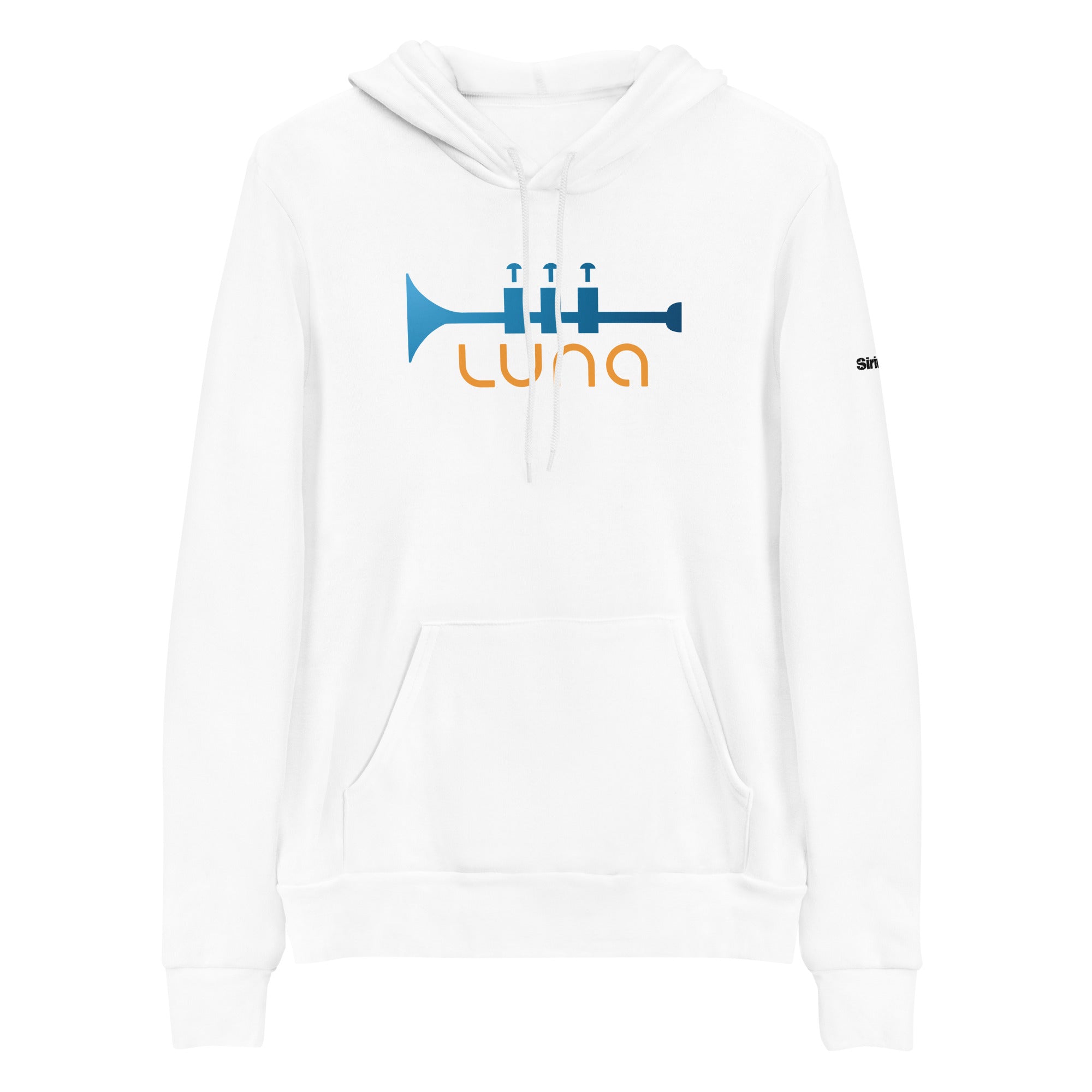 White hoodie featuring a trumpet graphic in blue and the word 'Luna' in orange.