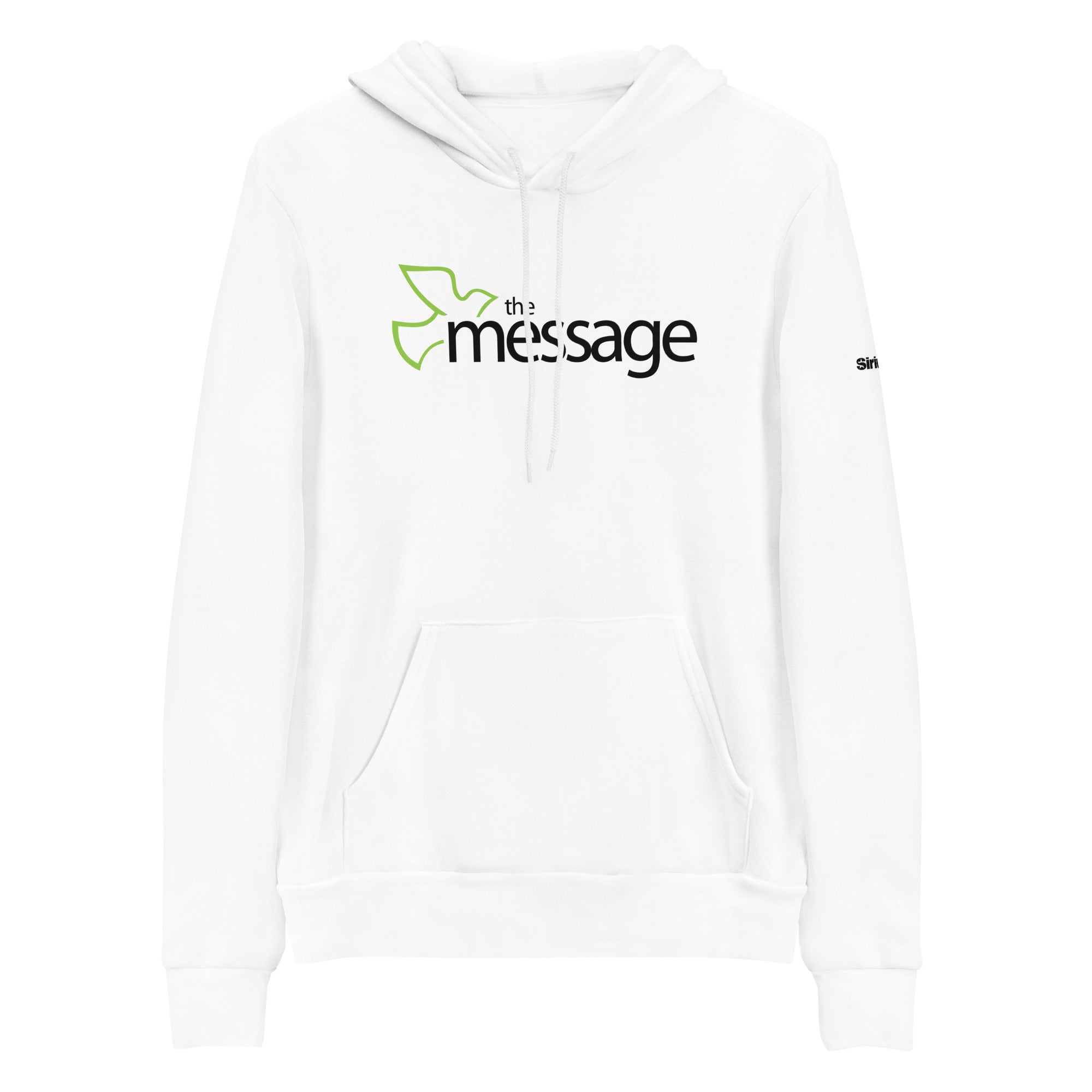 White hoodie with 'the message' logo in black with a green bird design, featuring a front pocket and drawstring hood.