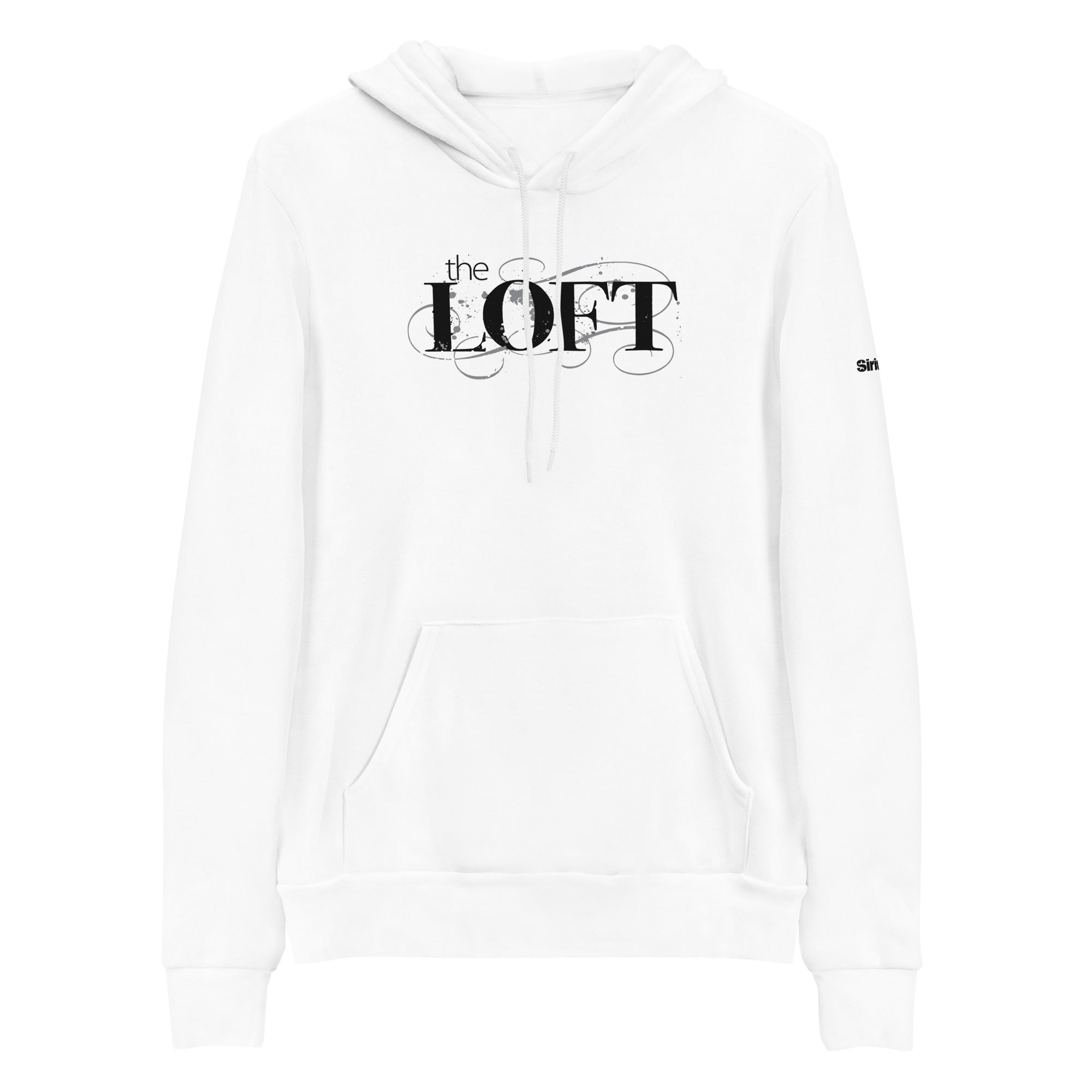 White hoodie featuring 'the LOFT' graphic on the front and a logo on the sleeve.