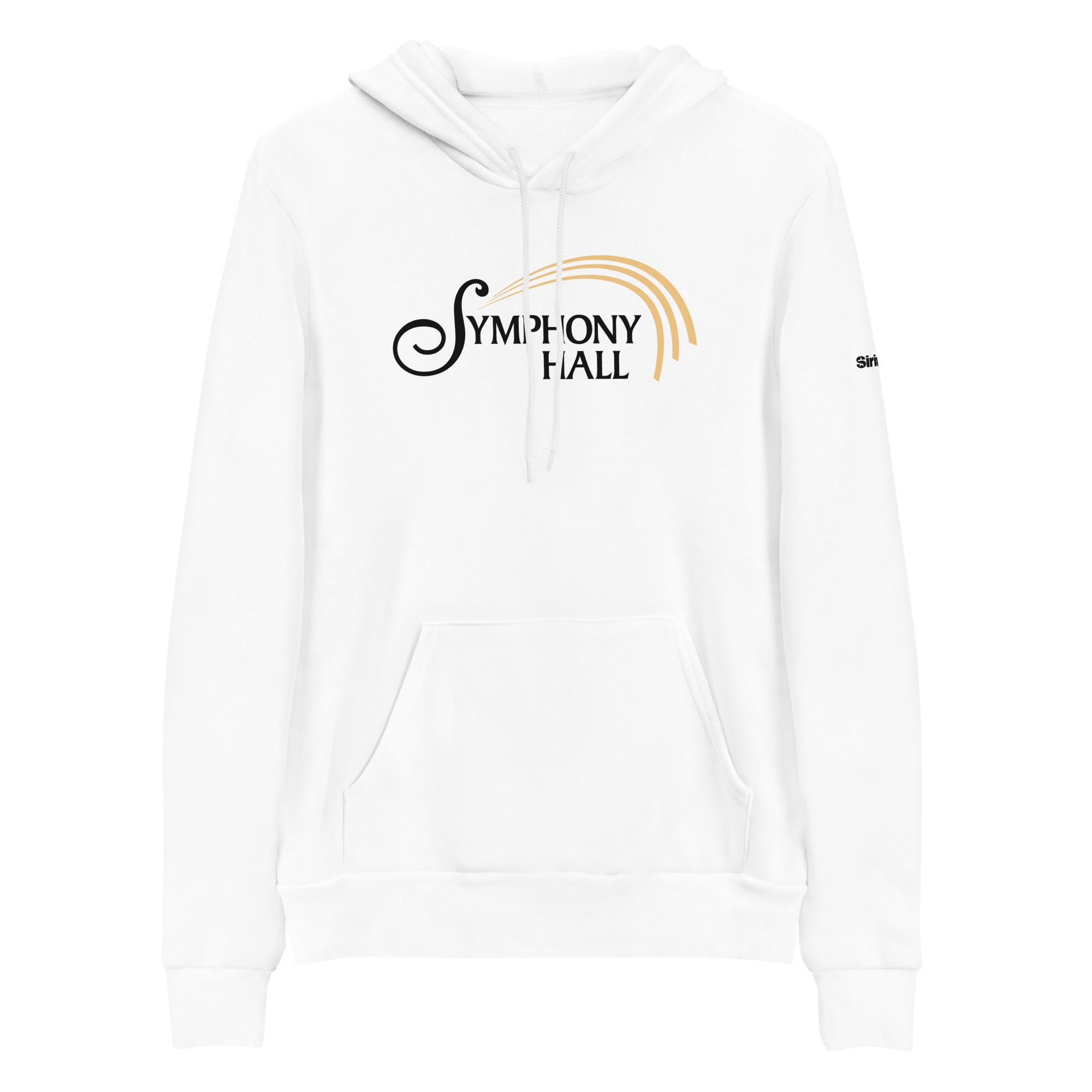 White hoodie featuring 'Symphony Hall' logo in black and gold.