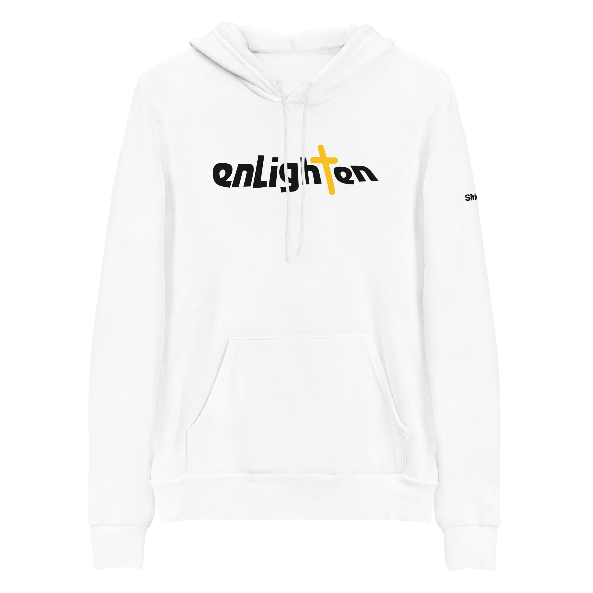 White hoodie featuring the word 'enLighten' with a yellow cross and black lettering.