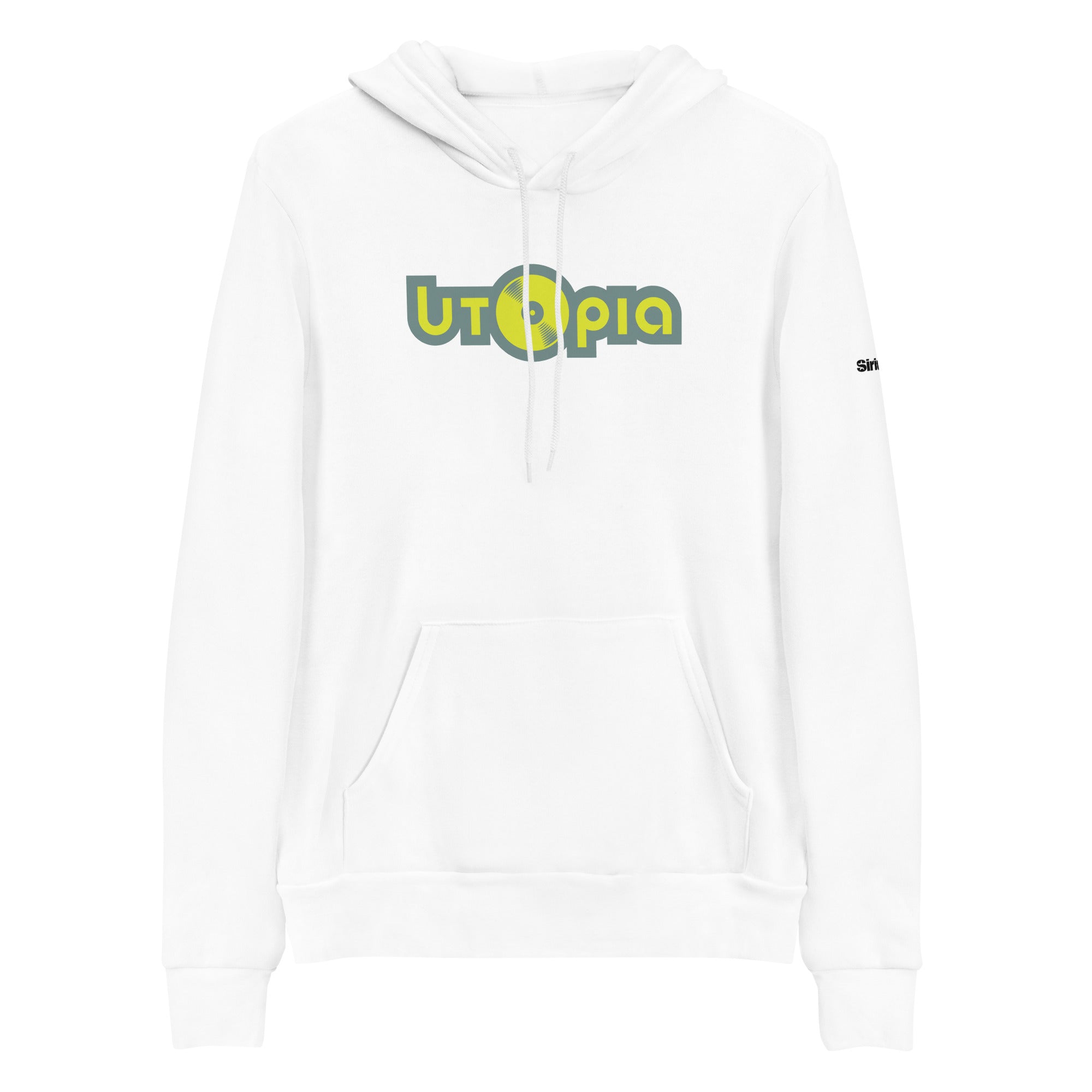 White hoodie with 'Utopia' logo in green and yellow with a vinyl design on the front.