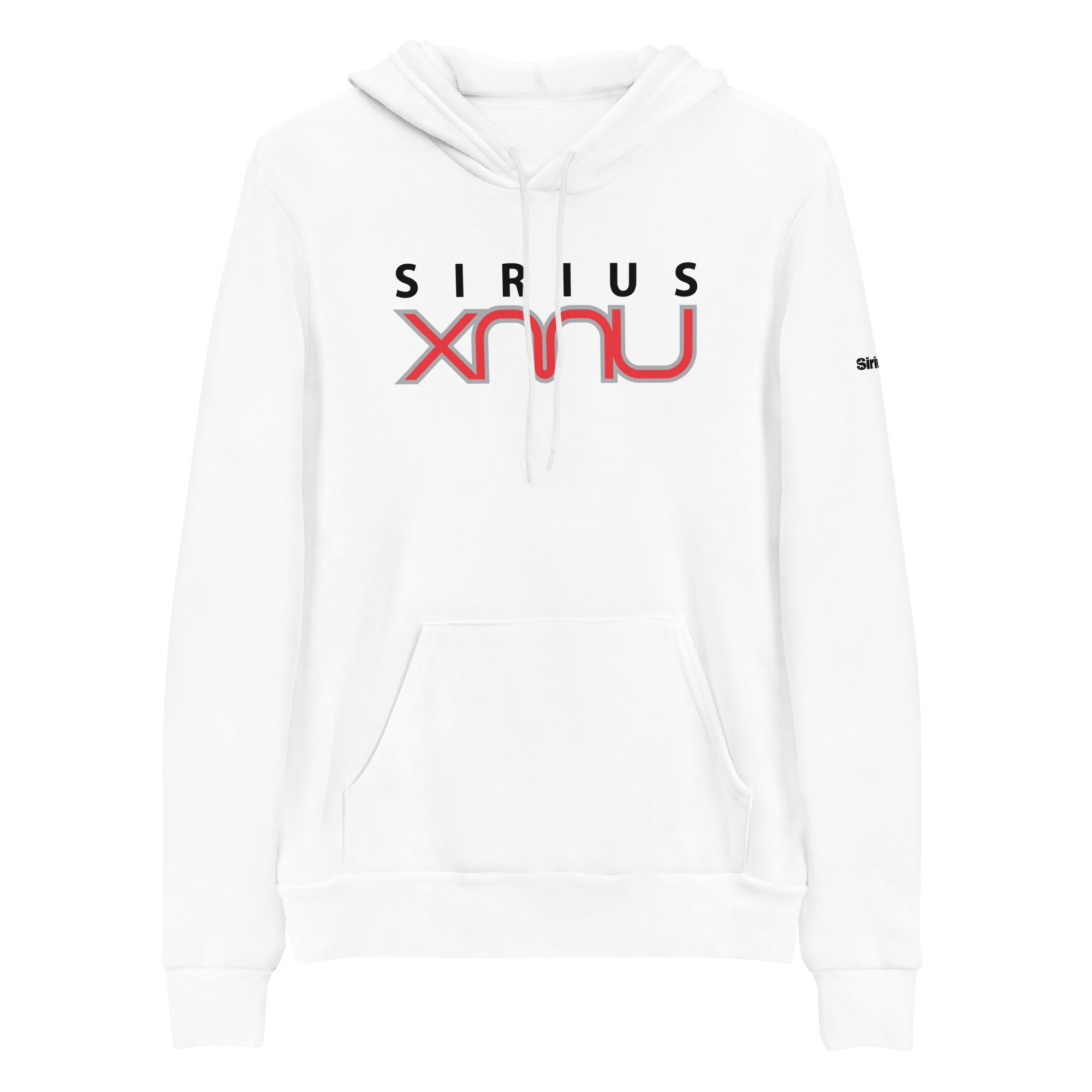 White hoodie featuring the text 'SIRIUS XMU' in black and red lettering on the front.