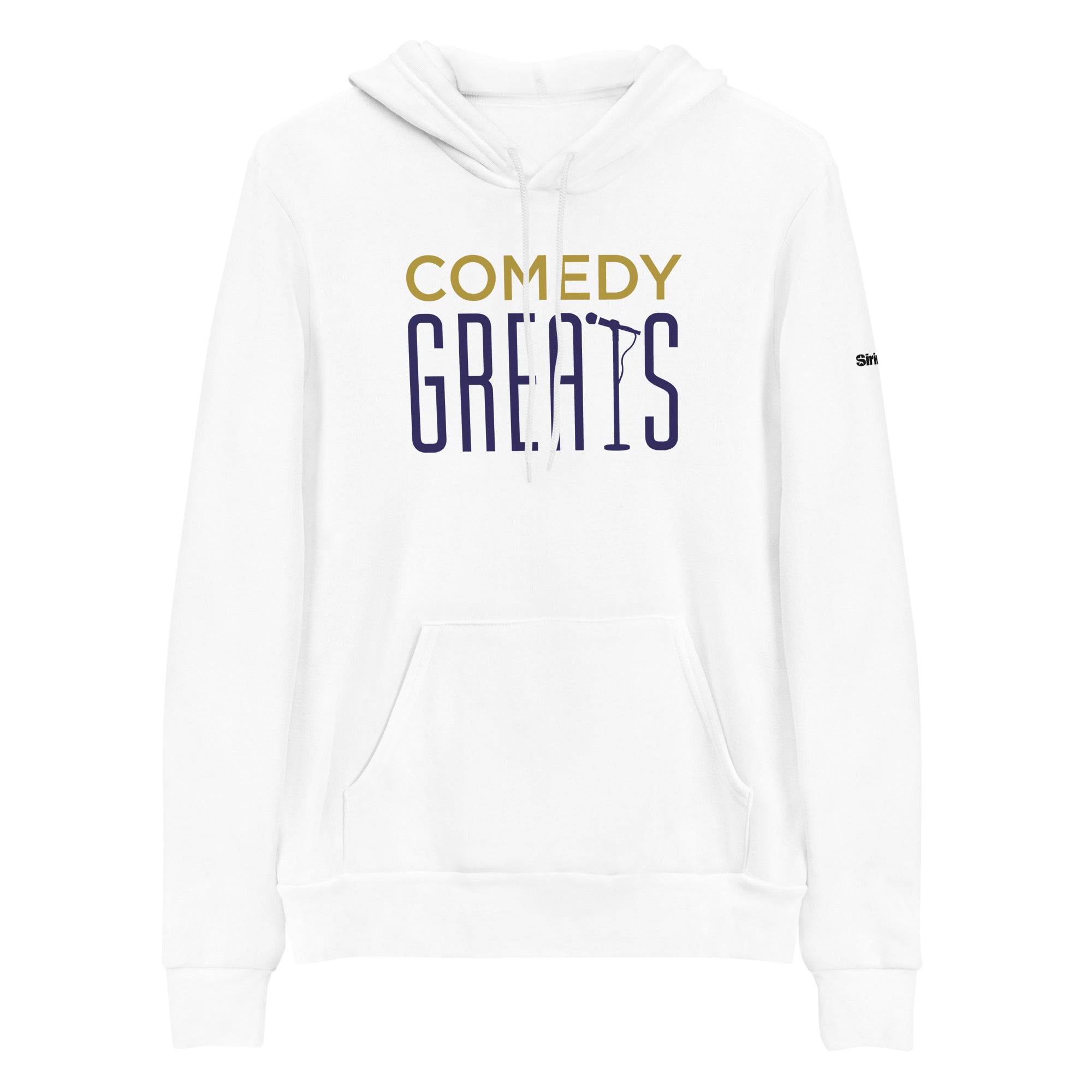 White hoodie featuring 'COMEDY GREATS' graphic print in yellow and purple. Adjustable drawstring hood and front pocket.