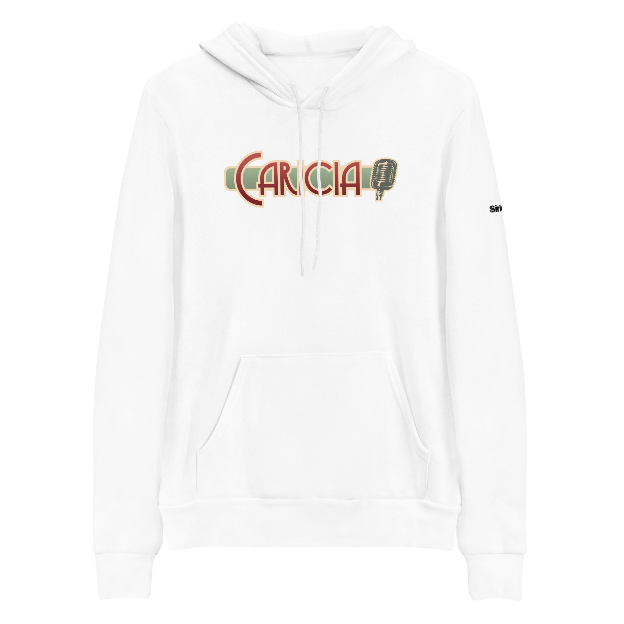 White hoodie featuring the word 'CARICIA' in ruby and green stylized letters and a vintage microphone graphic.