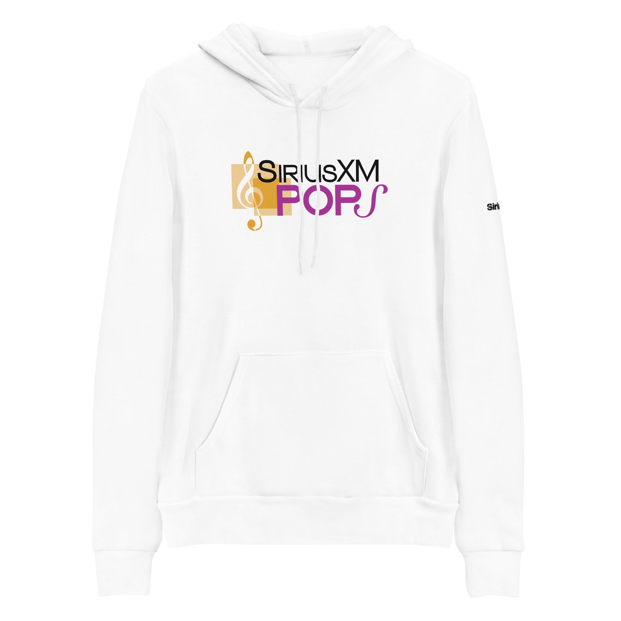 White hoodie with 'SiriusXM Pops' logo in gold, purple and black, featuring musical elements in black, gold, and purple.