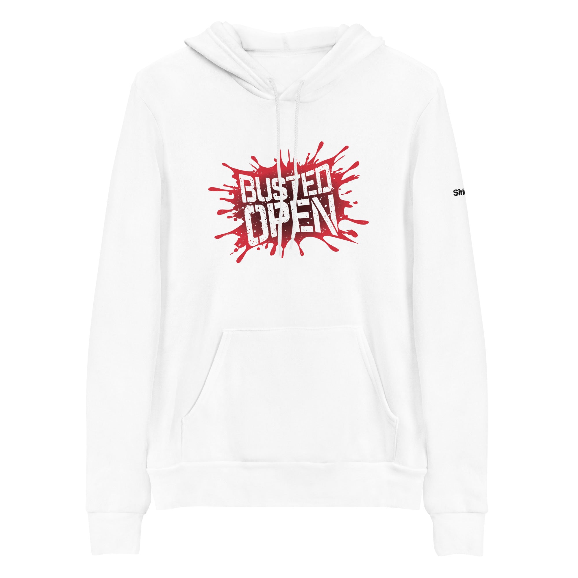 White hoodie featuring a red splatter design with the text 'BUSTED OPEN.'